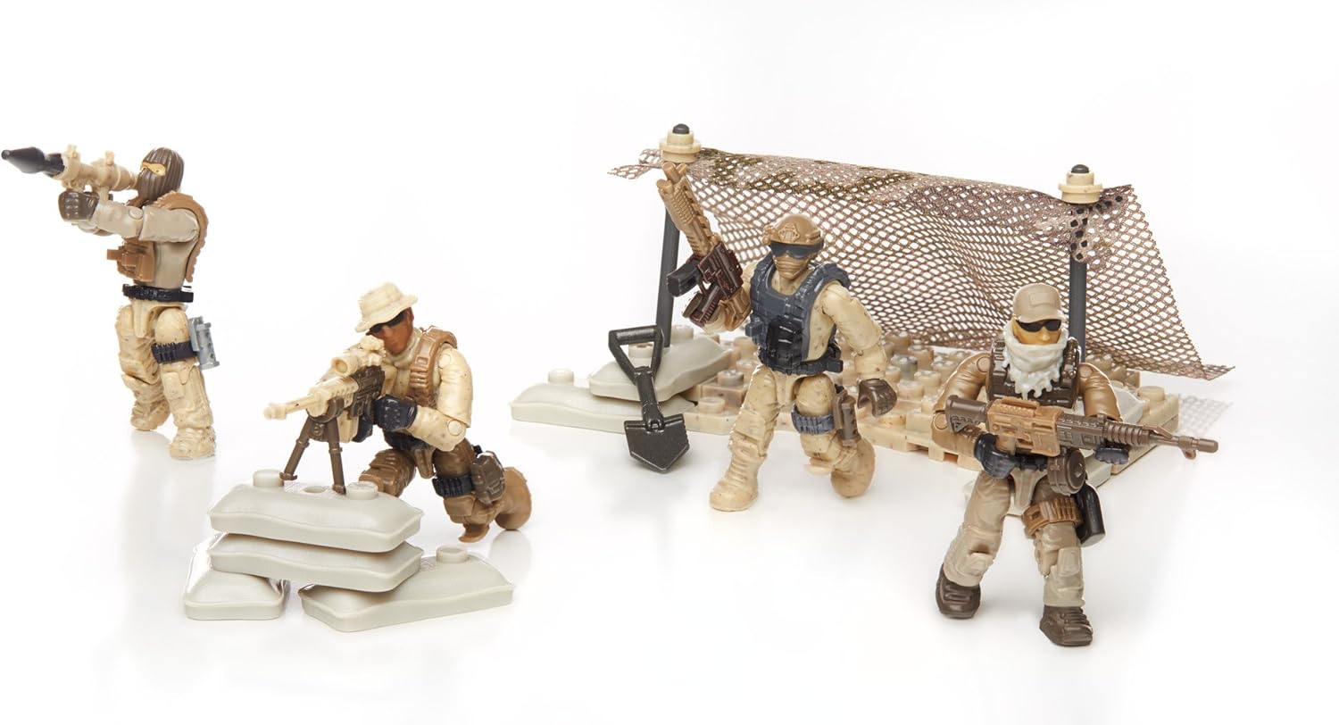 Mega Bloks Desert Squad figures in various action poses around the outpost.