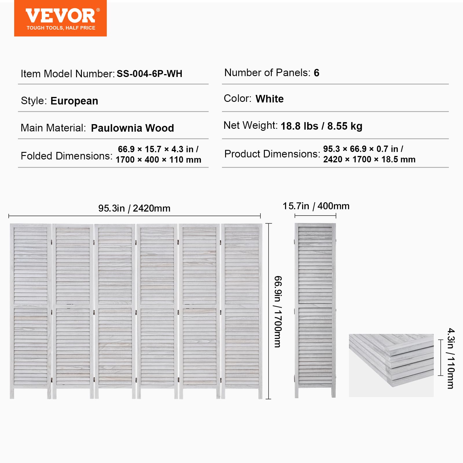 VEVOR Pantalla de Madera Portátil de Estilo Europeo, Biombo Plegable de Madera de 6 Paneles para Privacidad, 2420 x 1700 x 18,5 mm para Separar Habitaciones, Hogar, Restaurante y Dormitorio, Blanco