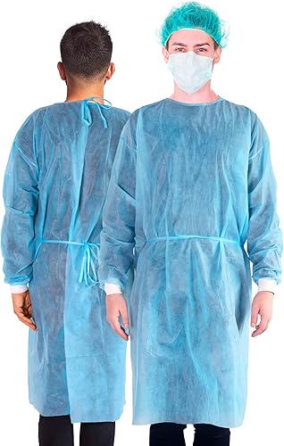 Vestidos de aislamiento desechables con manga larga, puños elásticos de punto, totalmente cerrados con doble lazo en la espalda, ligeros,