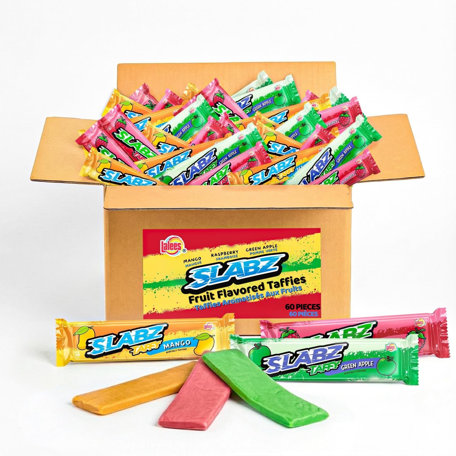 Lalees Taffy Slabz, Assorted Fruit Flavors, 60 Count | Bulk Chewy Candy Bars, Individually Wrapped, Party Favors, Birthday Parties
