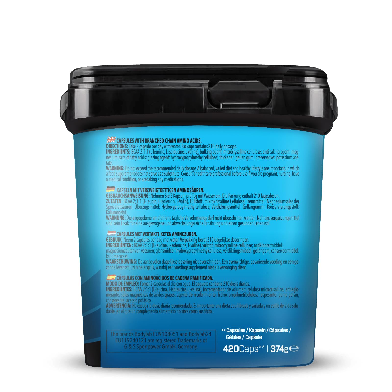 Bodylab24 BIG PACK BCAA 420 Kapseln, 1200mg BCAA im Verhältnis 2:1:1 je Portion, enthält L-Leucin, L-Isoleucin und L-Valin, einfach in der Dosierung durch praktische Kapselform