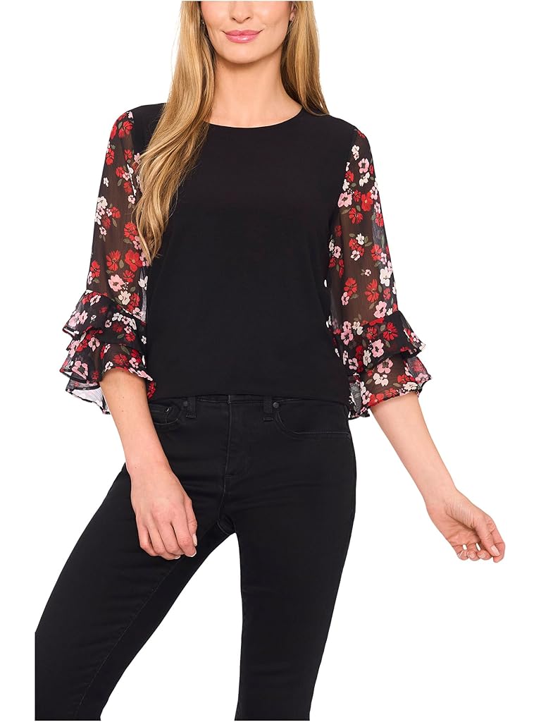 Black CeCe Double Ruffle Mixed Media Knit Top