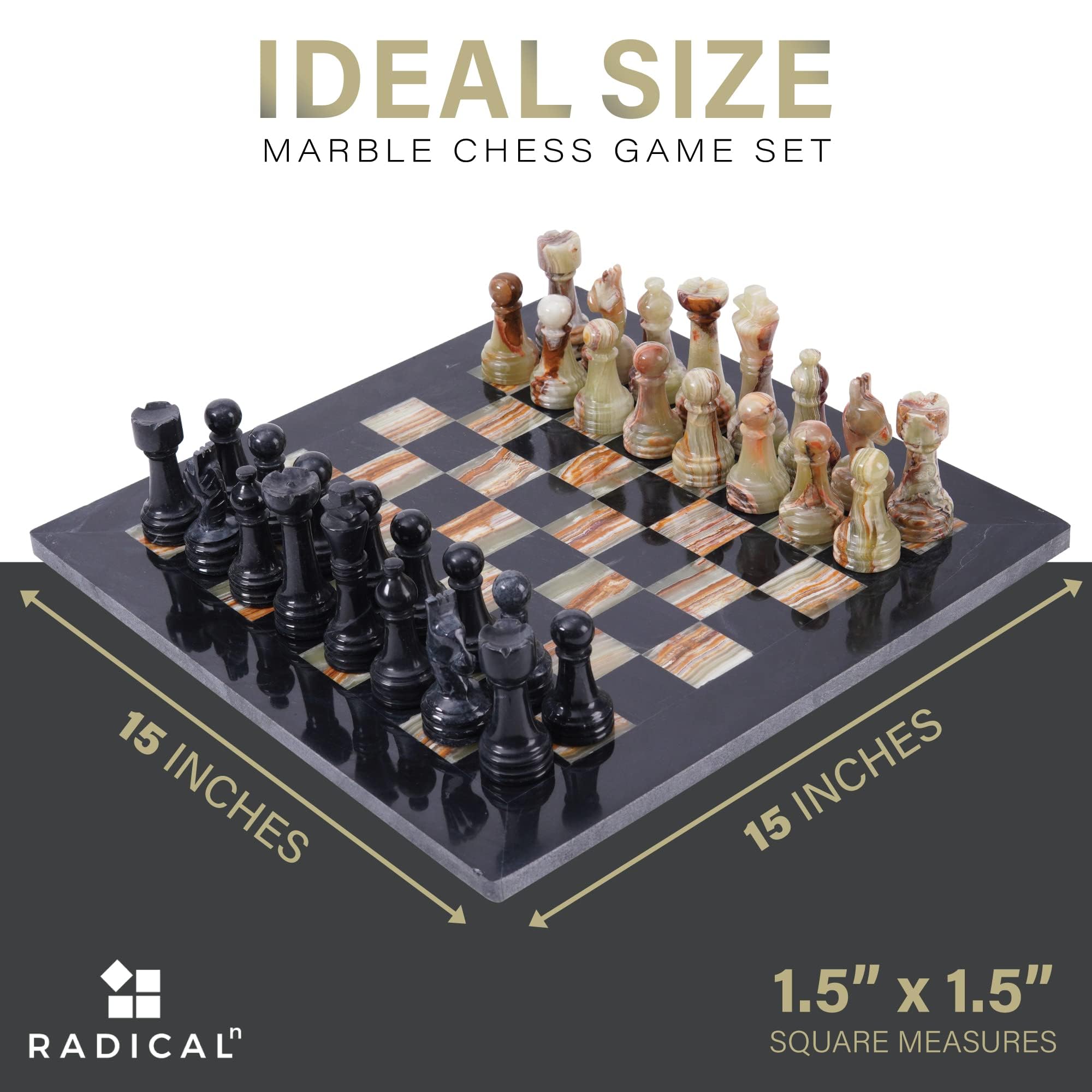 Radicaln Set di scacchi in marmo, 38 cm, nero e verde multicolore, fatto a mano, 1 scacchiera e 32 pezzi di scacchi, set di scacchi per 2 giocatori per adulti, gioco da tavolo