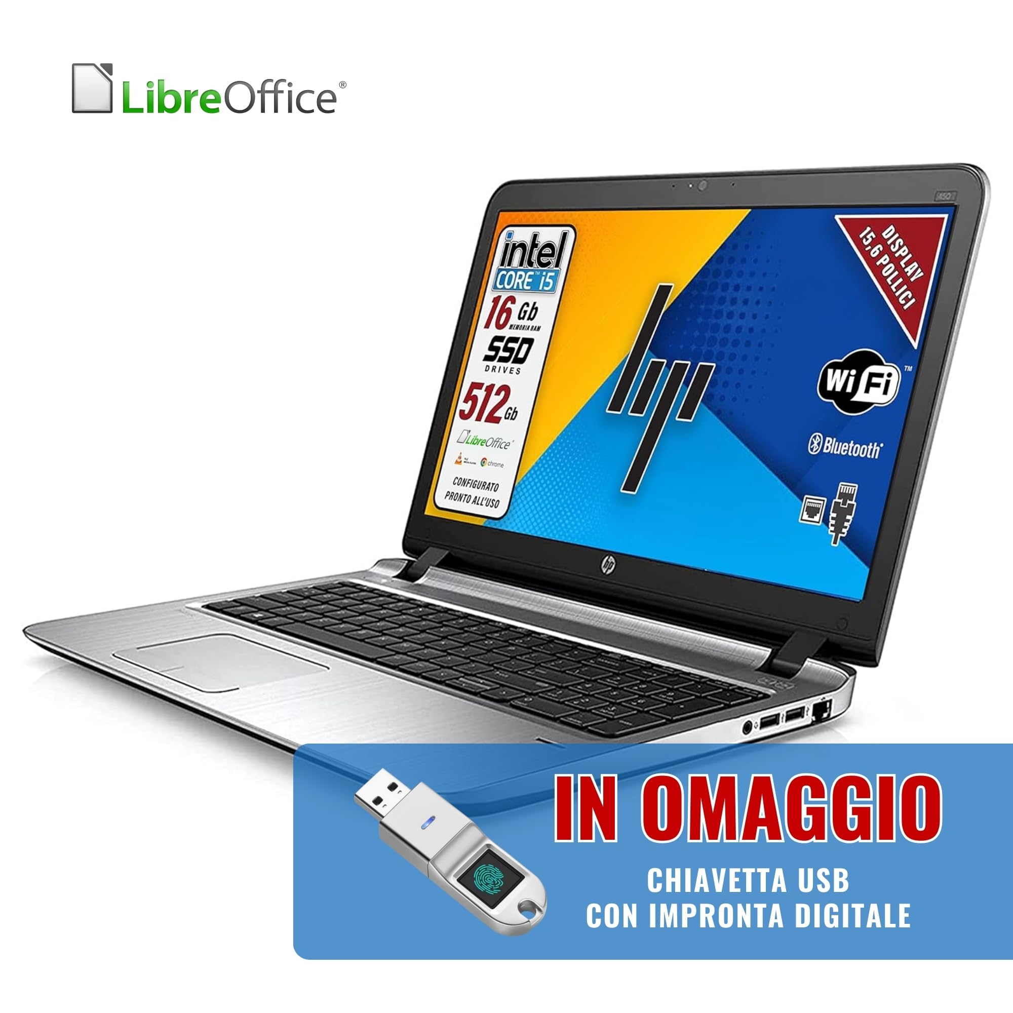 HP, Probook, Pc Portatile Notebook Intel i5-6th, Display HD da 15,6", Ram 16Gb, SSD 512Gb, Pacchetto Libre, Chiavetta FInger Print (Ricondizionato)