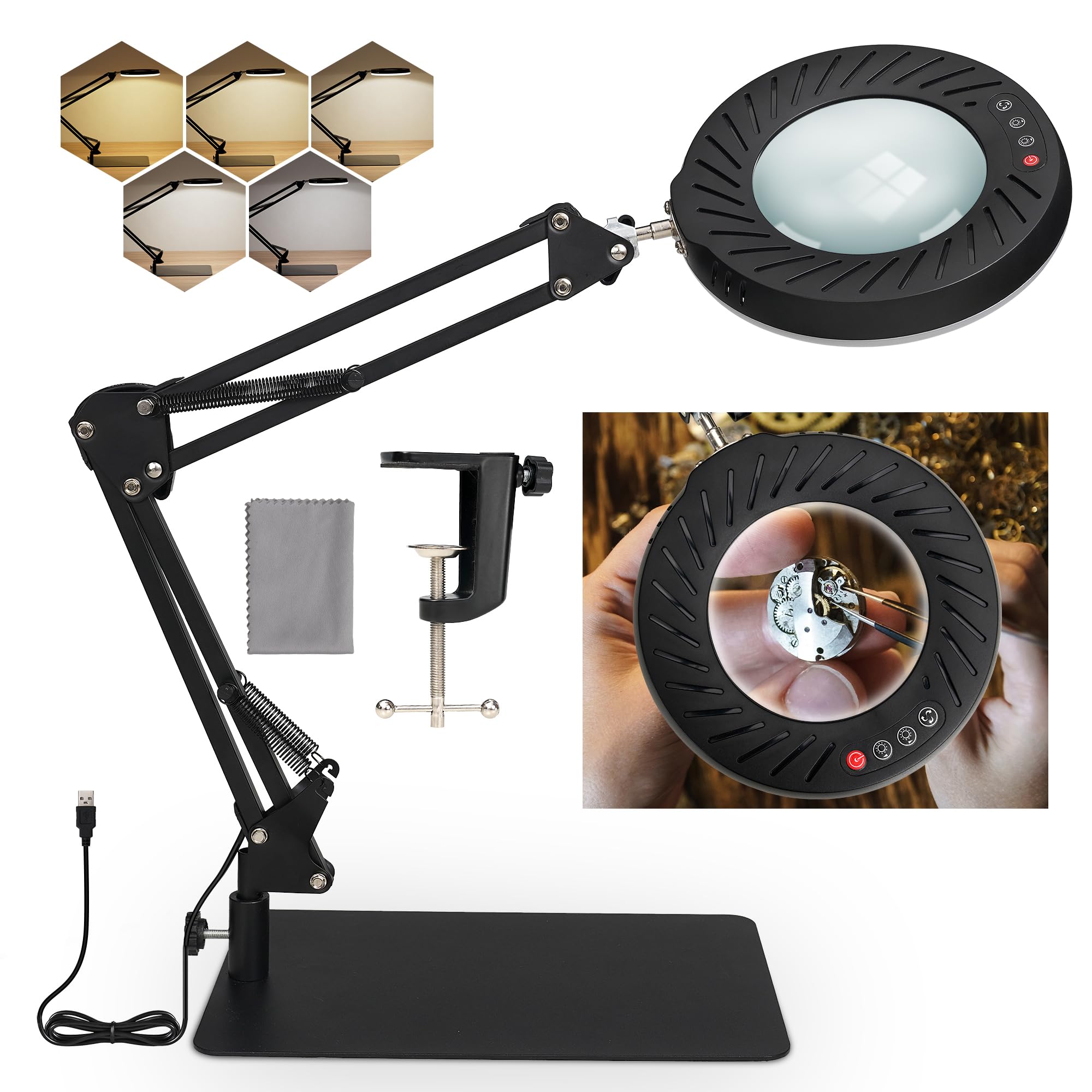 RealPlus 10X Magnifying Glass with Light and Stand, 5-Colour Mode, Seamless Dimming, Adjustable Arm, 4.3” Genuine Glass Lens - Ideal LED Magnifying Lamp for Hobbies, Work, and Reading (USB Power)