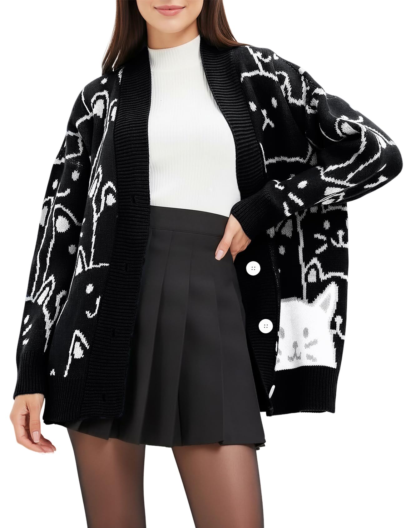 Arssm Womens Cat Sweater Oversized Cable Knit Long Sleeve Open Front Cardigan Cute Kawaii Cartoon Cardigan Coat