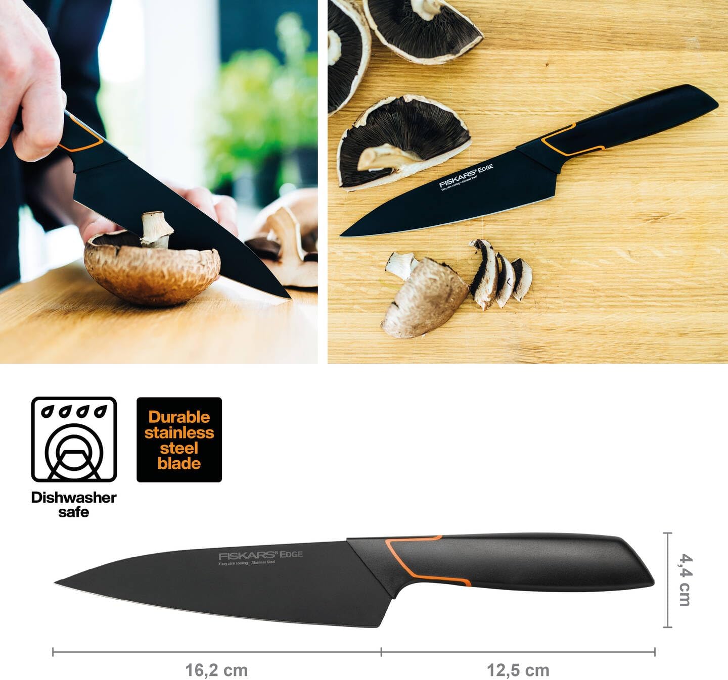 Fiskars Cooks Knife, Modern Design, Total Length: 27 cm, Quality Steel/Synthetic Material, Edge, 1003095