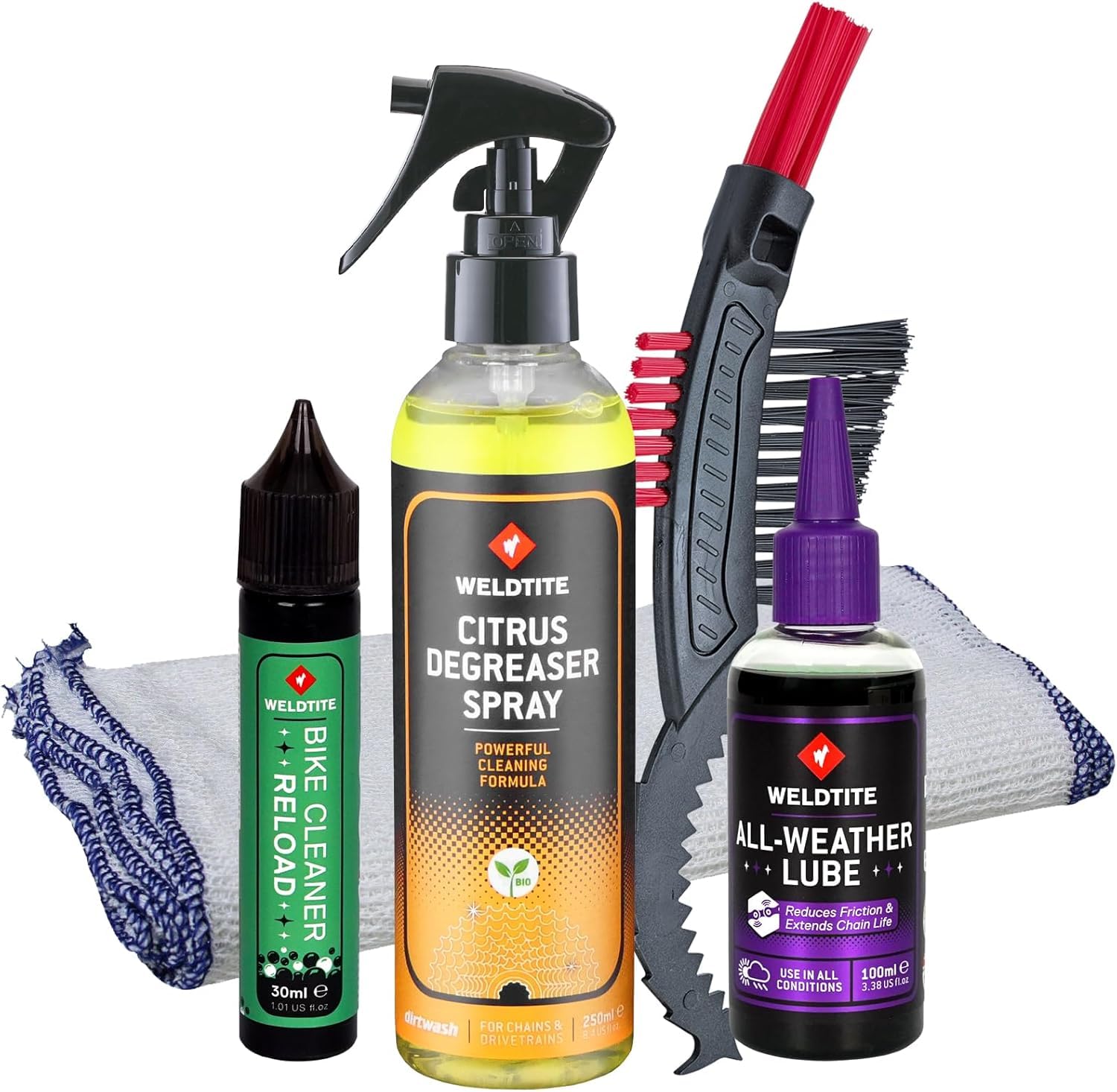 WELDTITE New Starter Bike Cleaning Gift Kit - Contains Degreaser, All Weather Chain Lube, Bike Cleaner Concentrate, Cassette Brush & Cloth