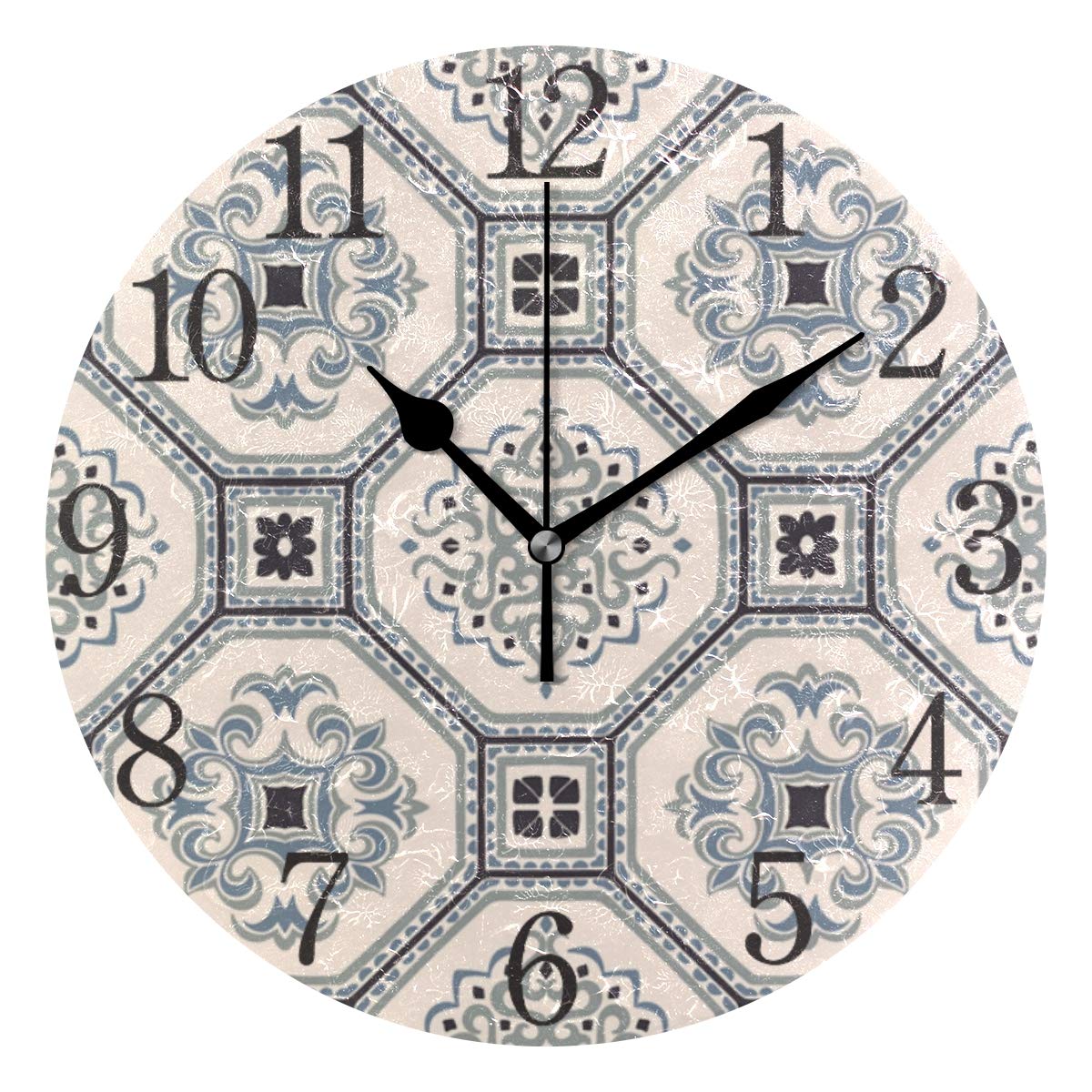 Moroccan Tile Mosaic Round Wall Clock, Silent Non Ticking Oil Painting for Bedroom Living Room Office School Home Decor
