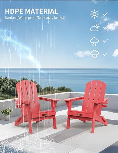Miniatura 7 de Silla Adirondack plegable, sillas Adirondack de plástico texturizado de madera con soporte para 2 tazas, silla para hoguera de polietileno de alta