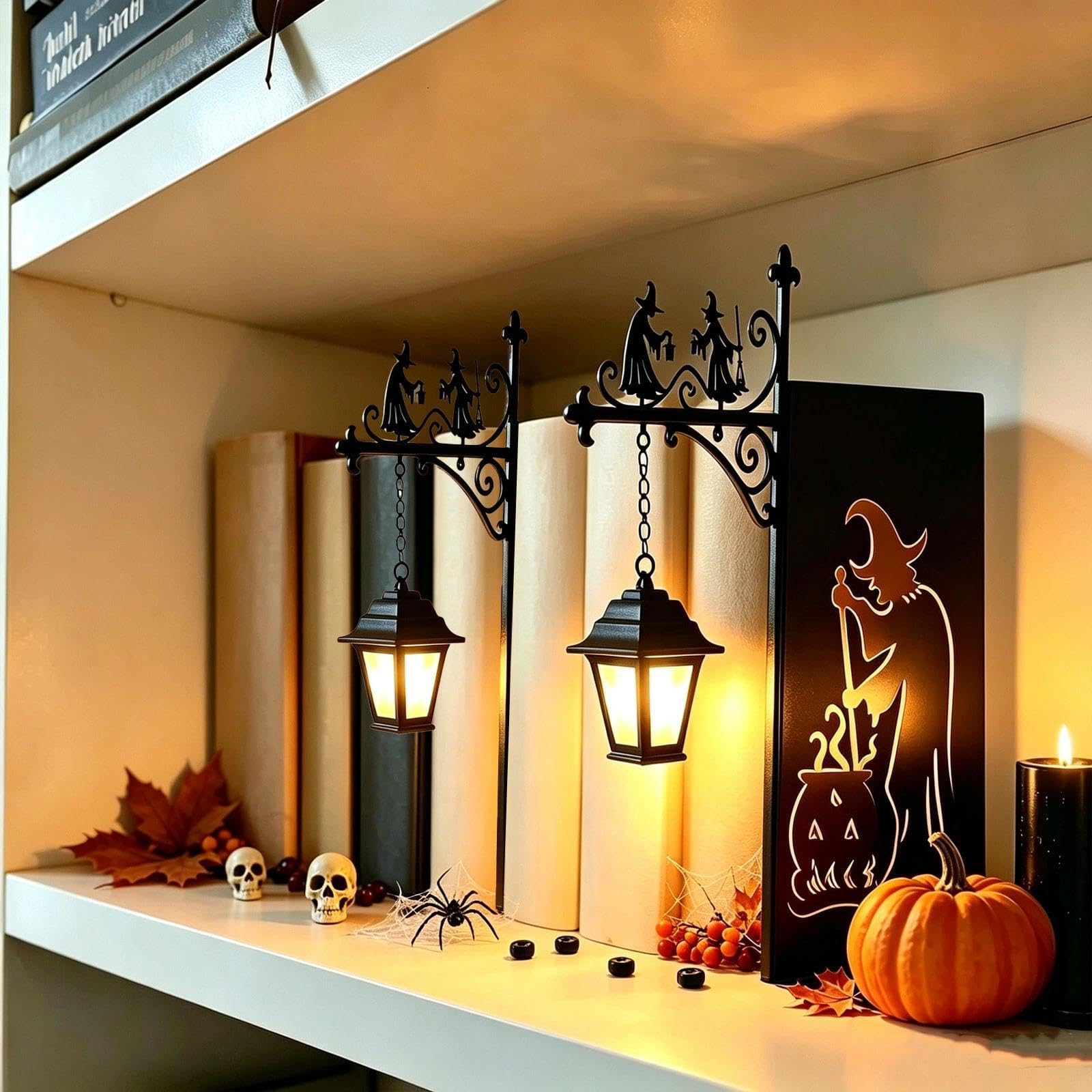 Bookshelf Lantern, Library Lantern Bookshelf Lamp, Library Lanterns Decorative Bookshelf Lighting, Bookshelf Lamp for Library Shelf, Mini Halloween Vintage Reading Book LED Nightlight (C-2Pcs)