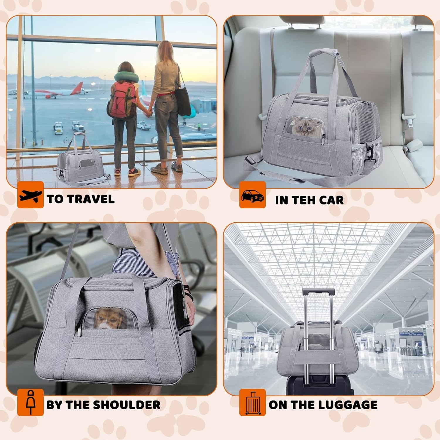 Trasportino per Cani e Gatti Scatola pieghevole per Animali Borsa per Cani Gabbietta Morbida per Animali Domestici Trasportino Pieghevole Traspirante con Ciotola Portatile e Cuscino Morbido (Gris)