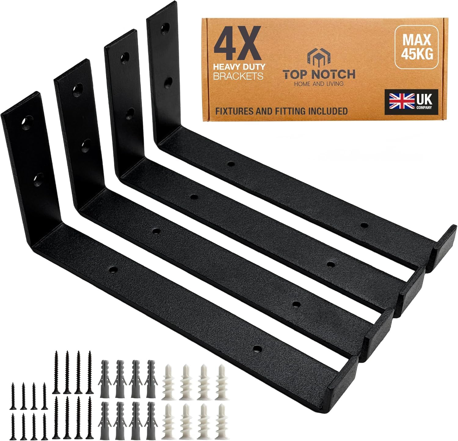 Top Notch Home and Living Set of Slim Shelf Brackets Heavy Duty, Metal Wall Brackets for Shelves, Scaffold Board Shelf Brackets, Strong Shelving Brackets (Black, Pack of 8 Up Brackets)