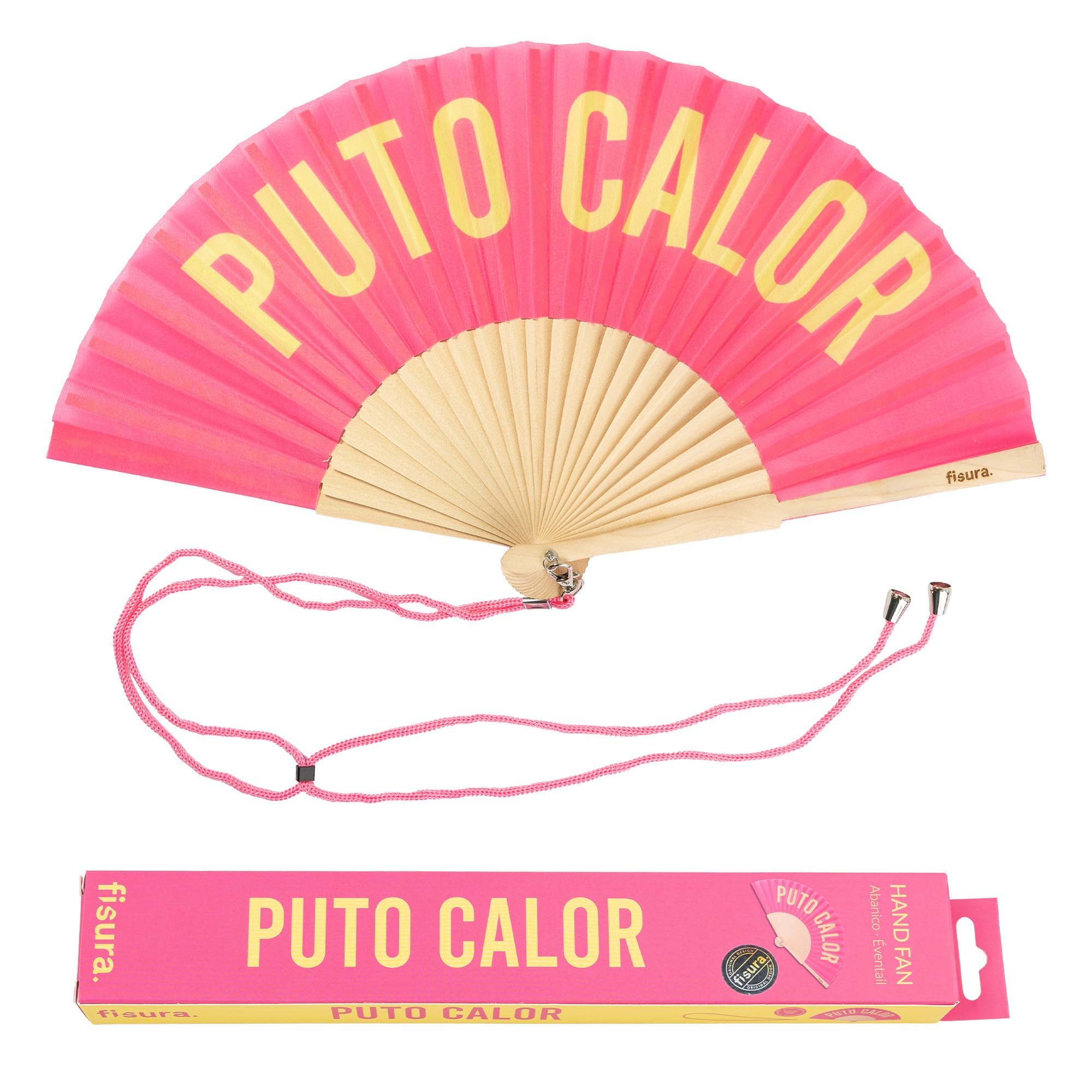 Fisura - Original handheld folding fan with the message in Spanish. Wooden fan. Original holding Hand Fans. Fan with hanger included (Calor, pink and yellow)