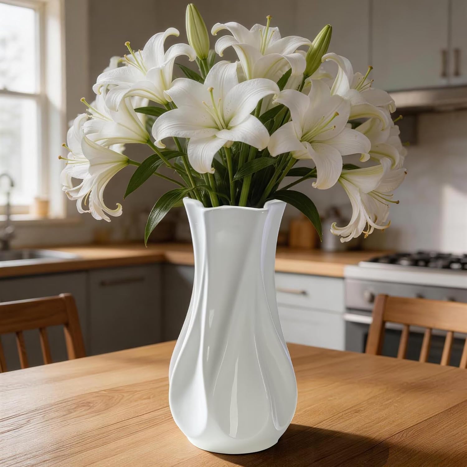 White Ceramic Vase, Flower Vase Dried Flower Vase for Modern Home Decor, Unique Swirl Texture Decorative Vase, for Living Room Fireplace Bedroom Kitchen, 8.66" H
