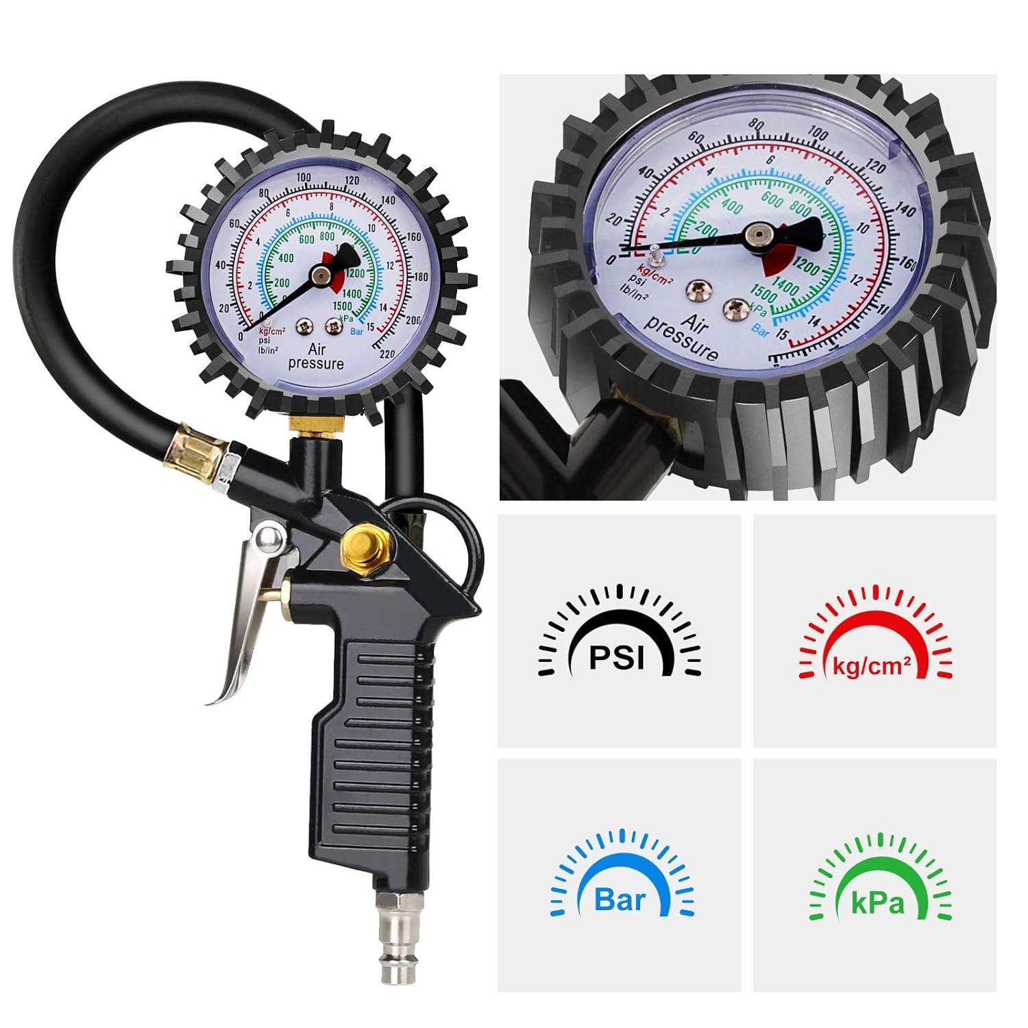 BURNNOVE Manometro per Pneumatici 220 PSI Manometro Pressione Gomme con 4 Tappi Valvola 2 Ugelli 1 Valvola Francese 1 Stelo di Prolunga in Metallo 90 Gradi per Auto Moto Biciclette