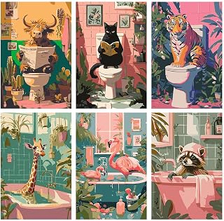 SupaDiya 6 Packs Paint by Numbers Kits for Adults Beginners, Bathroom Animals DIY Easy Acrylic Watercolors Oil Number Painting Art on Canvas for Home Wall Decor and Gift (8x12 inches)