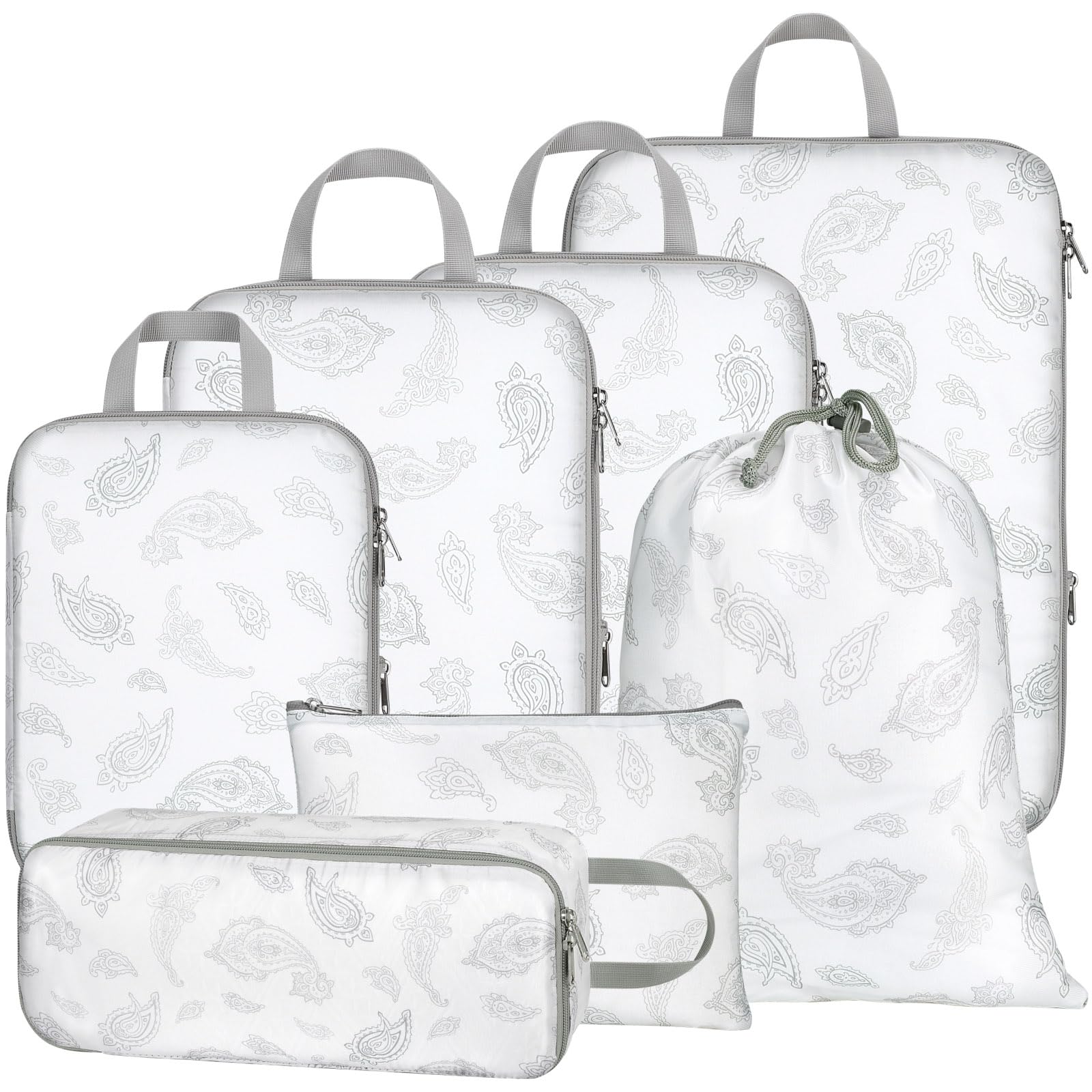 CambondCompression Packing Cubes for Suitcases - 7 Pack Luggage Travel Packing Organizers Compression Cubes for Travel Essentials with Laundry Bag and Underwear Bag (White Teardrop-shaped Texture)