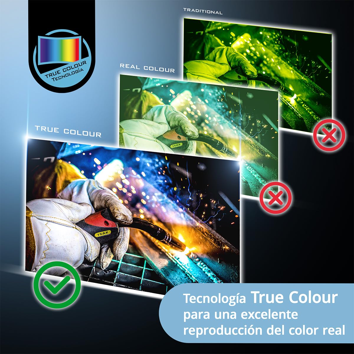 STAHLWERK Master Air - Casco de soldadura automático 3 en 1 con entrada de aire fresco, control de función por Bluetooth, reproducción de color verdadero, oscurecimiento DIN 4 a DIN 14, clase óptica 1