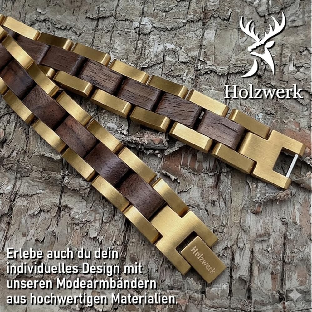 Holzwerk - Bracciale in legno naturale per uomo e donna, in legno, da uomo, colore marrone e oro, regolabile, con brevi e scatola di immagazzinaggio