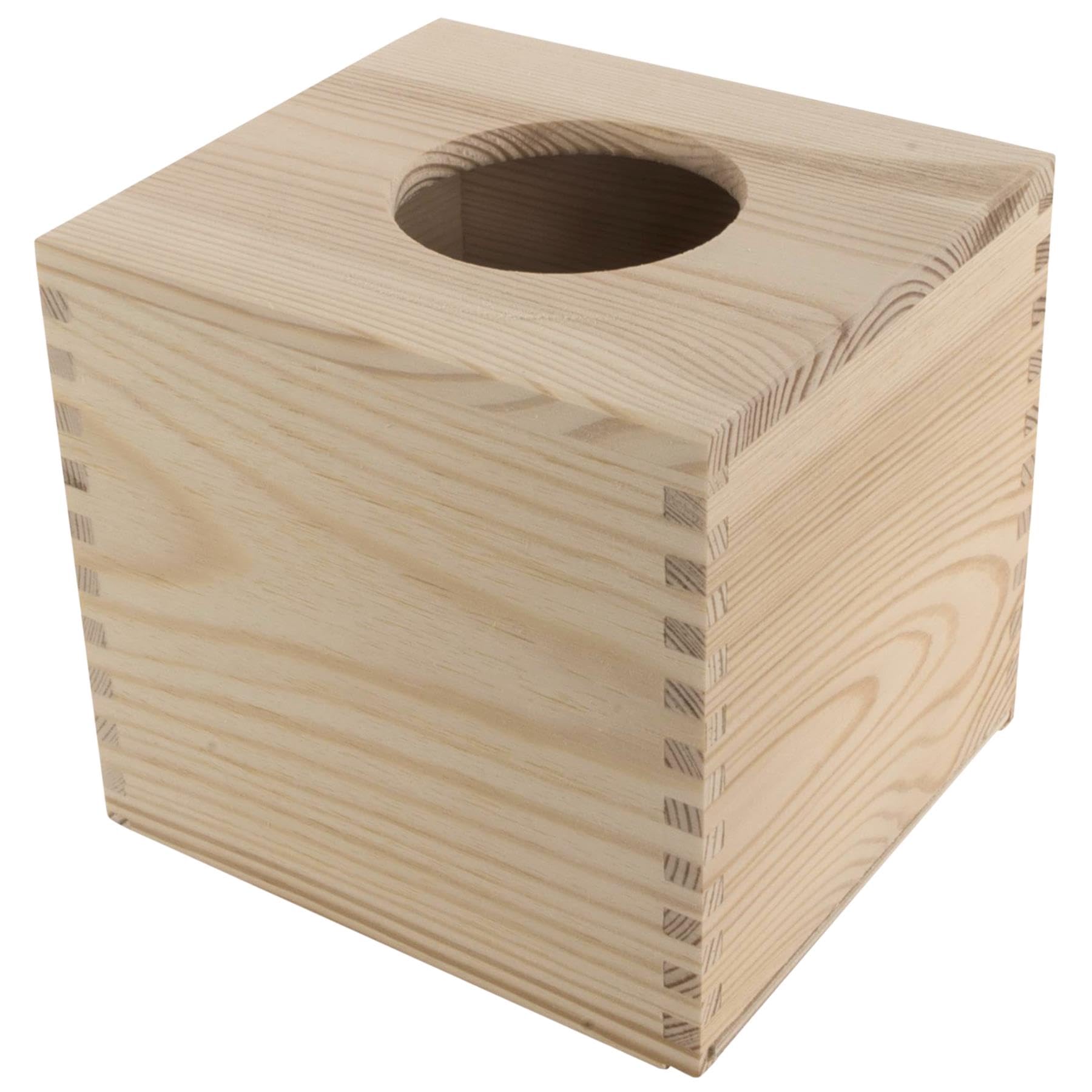 WooDeeDoo Cube Wooden Tissue Box Holder with Sliding Base and Elliptical Top Unfinished Pine Tissue Dispenser for Loose Tissues Bathroom Office Refill-Style Container 14.5 x 13 x 14 cm