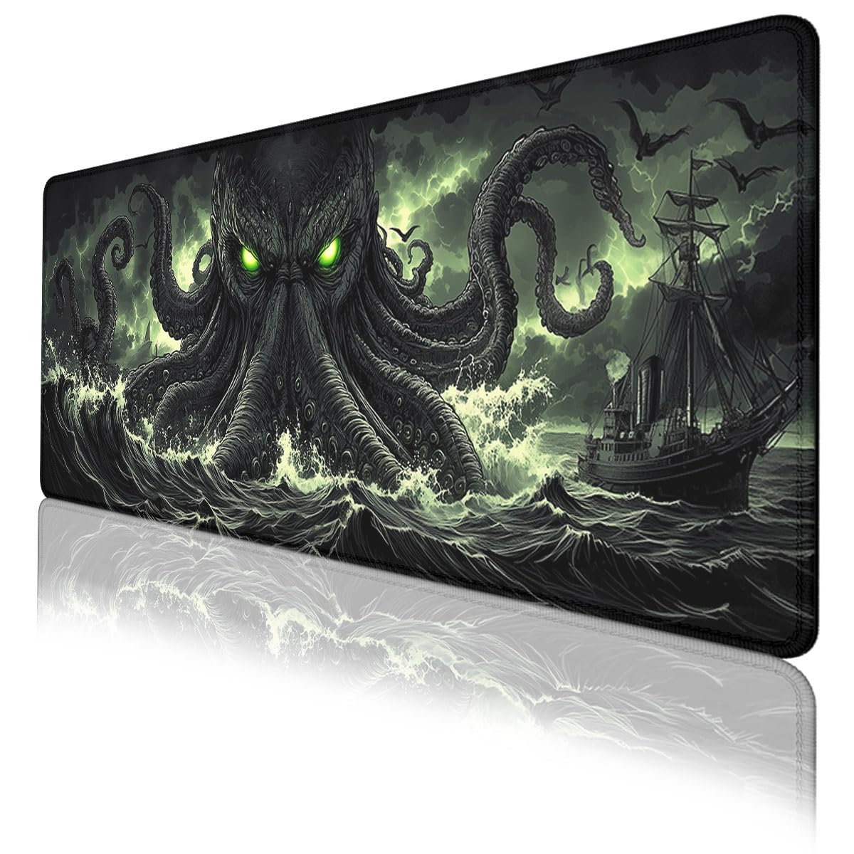 Cthulhu Gaming Mouse Pad, Myth Legend Ocean Tentacles Pirate Ship Extended Mousepad Waterproof Stitched Edges Rubber Base Non-Slip Deskmap Computer Keyboard Mat 31.5 x 11.8 inch