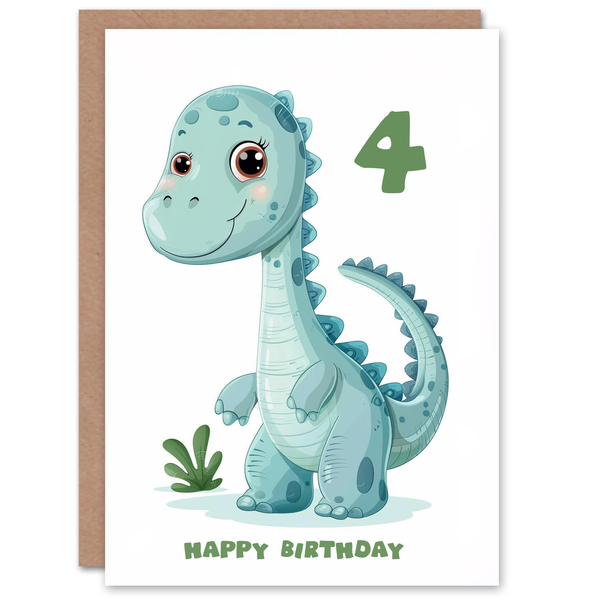 Artery8 4th Birthday Card Cute Blue Baby Dinosaur Cartoon Kids Age 4 Year Old Child For Son Daughter Girl Boy Happy Card