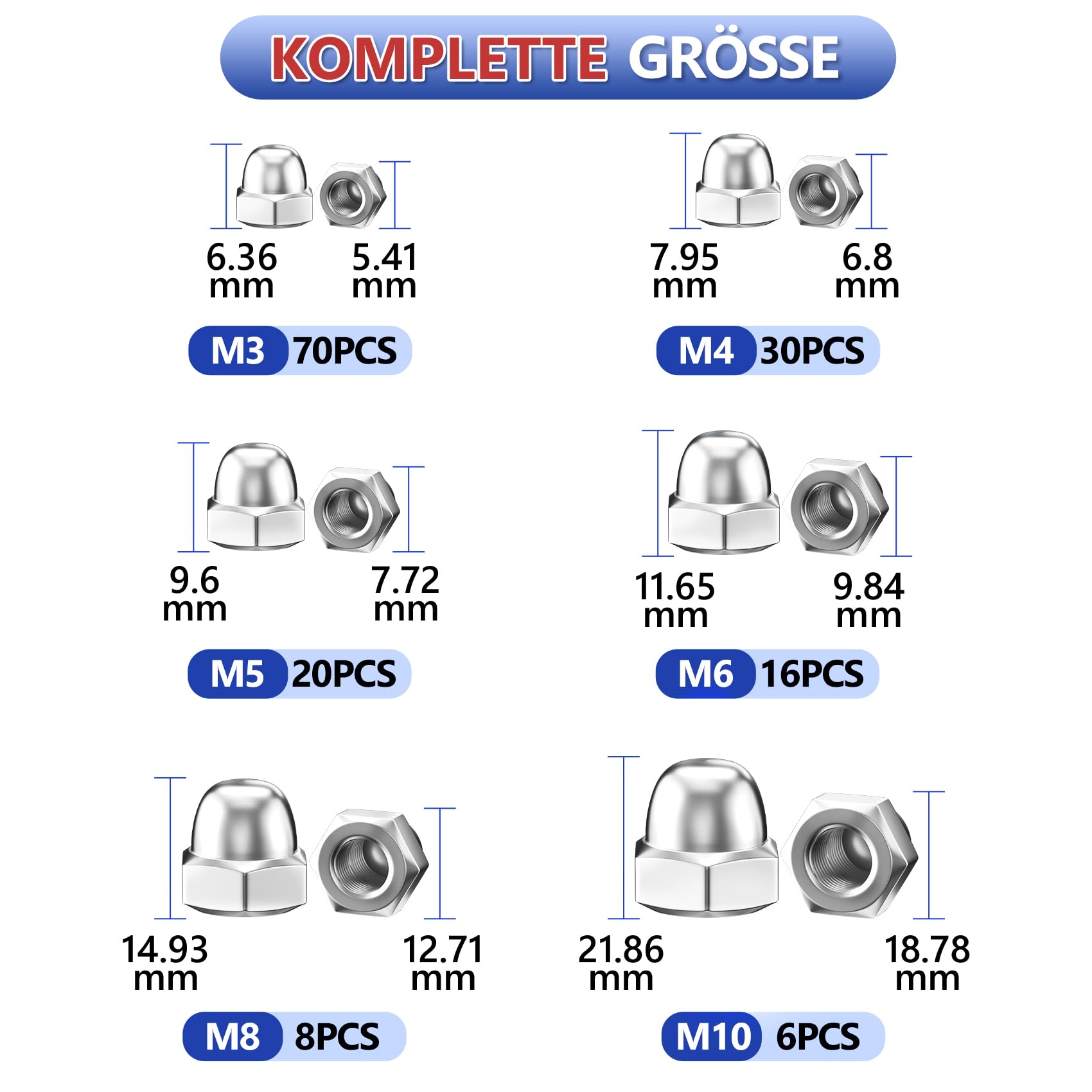 FixitFlo Kuppelmuttern Set M3 M4 M5 M6-M20 Messing Kuppelmuttern Sechskant Gewölbte Mutter Eichelmuttern DIN1587 Poliert
