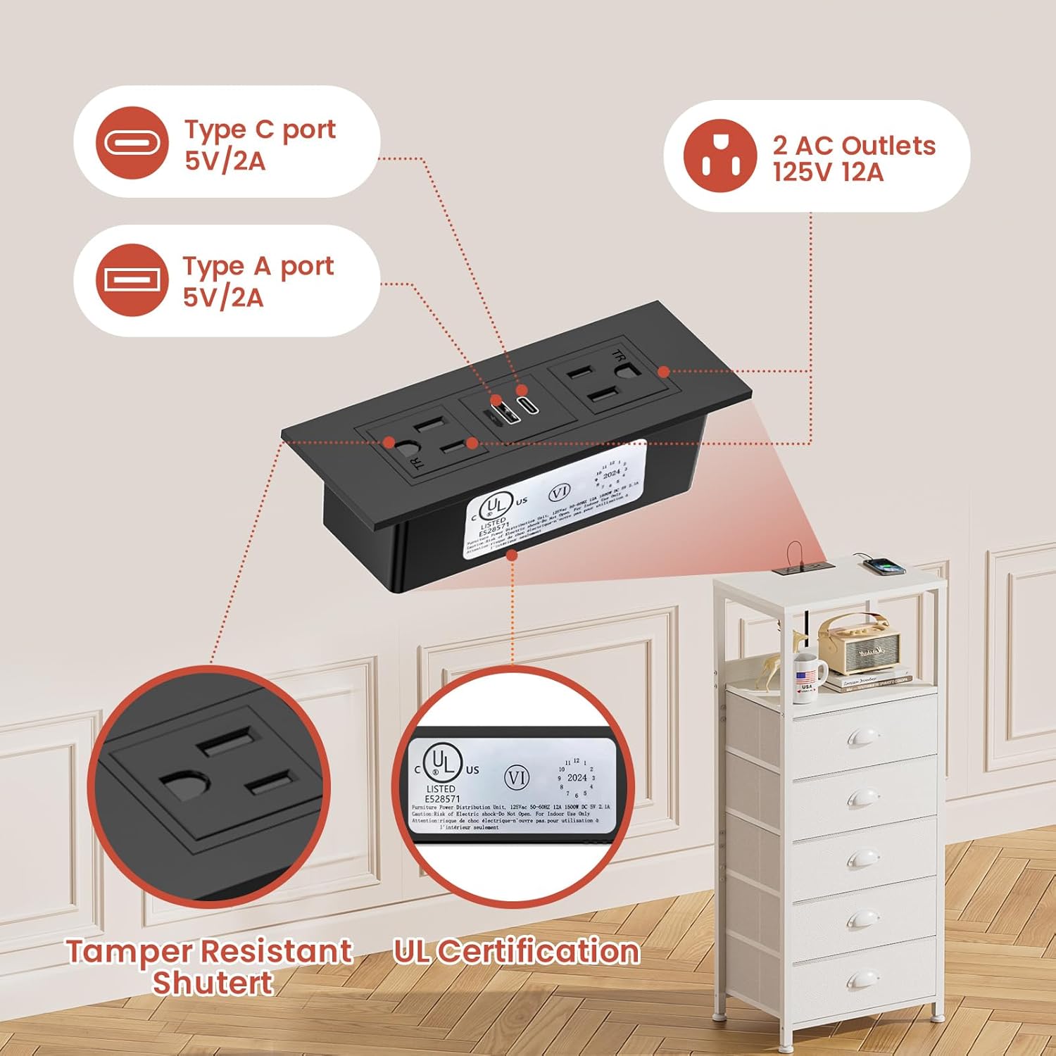 5 Drawers Dresser with Charging Station & Voice-Controlled LED Light, Tall Night Stand with PVC & Fabric Drawers, Bedside Table with Open Shelf for Bedroom, Closet, Entryway, 3 Lighting Modes