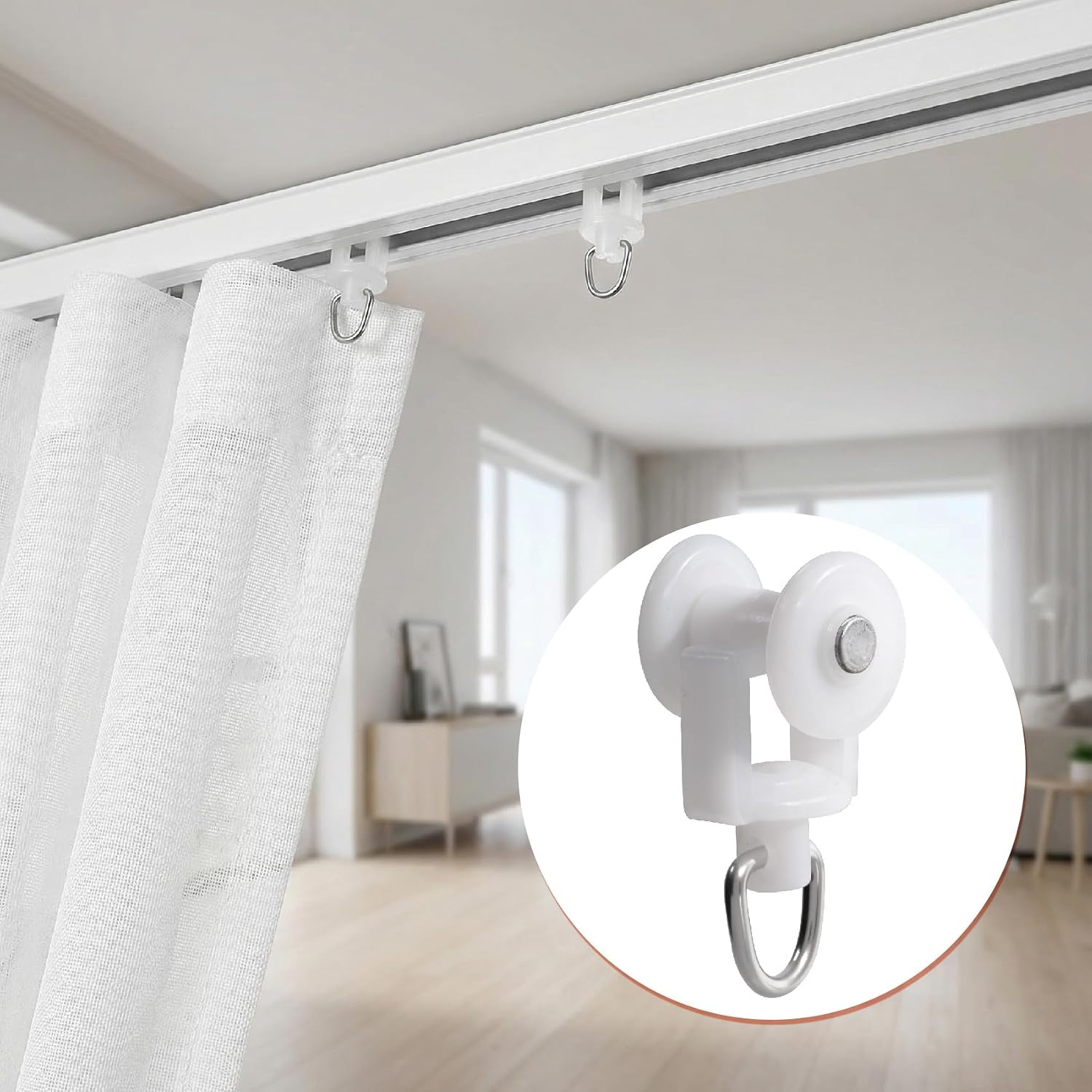 100 Pcs Curtain Track Rollers, Plastic Mute Curtain Ceiling Track Gliders Hooks, Drapery Windows Shower Ceiling Rail Roller Clips with Hooks for Kitchen Bedroom Curtains (White, 0.55"/1.4cm) 5 71MQzGeOCIL. AC SL1500