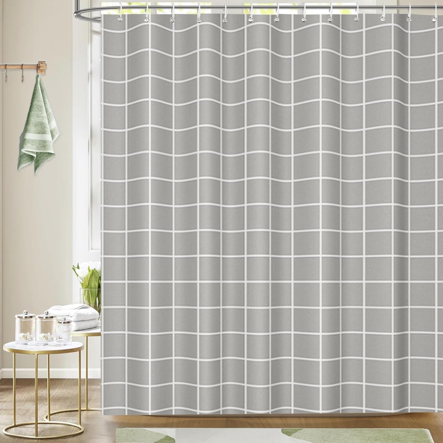 zhaoyeqing Grey Shower Curtain - 180 x 200 cm - Shower Curtain for Bathroom - Mould Proof and Mildew Resistant Washable Bathroom Curtains - Bath Curtains with Hooks - Grey Square