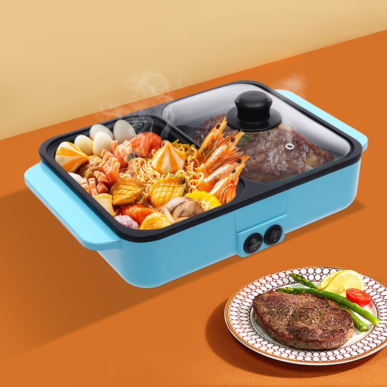 110V Hot Pot Electric, 2 In 1 Electric Hot Pot With Grill For Cooking, 1200W Electric Shabu Shabu Pot W/Dual Gear Power Control For Home, Party, Family & Friend Gathering, Blue