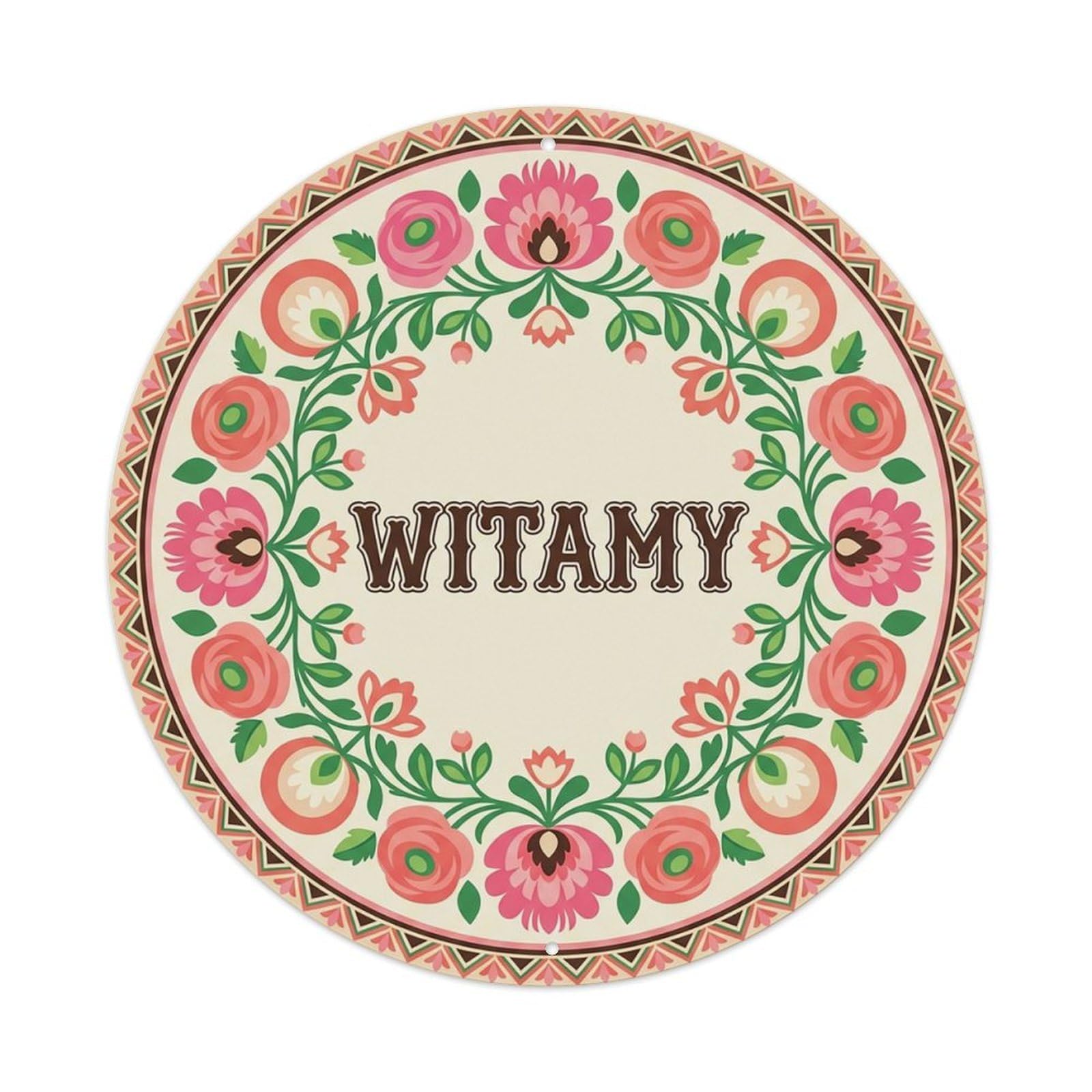 Vintage Polish Folk Art Witamy Welcome Ranunculus Pink Metal Tin Sign