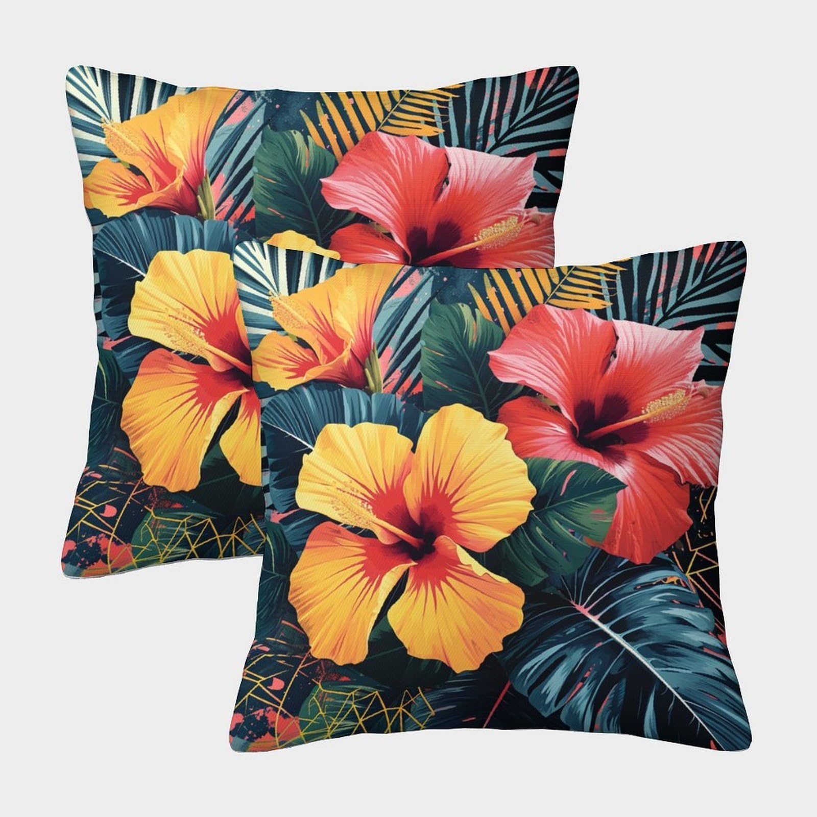 kaiyun 2 Pack Geometric Pattern - Tropical Flowers 3D Image Printed Single-sided Cushion Cover 50x50cm