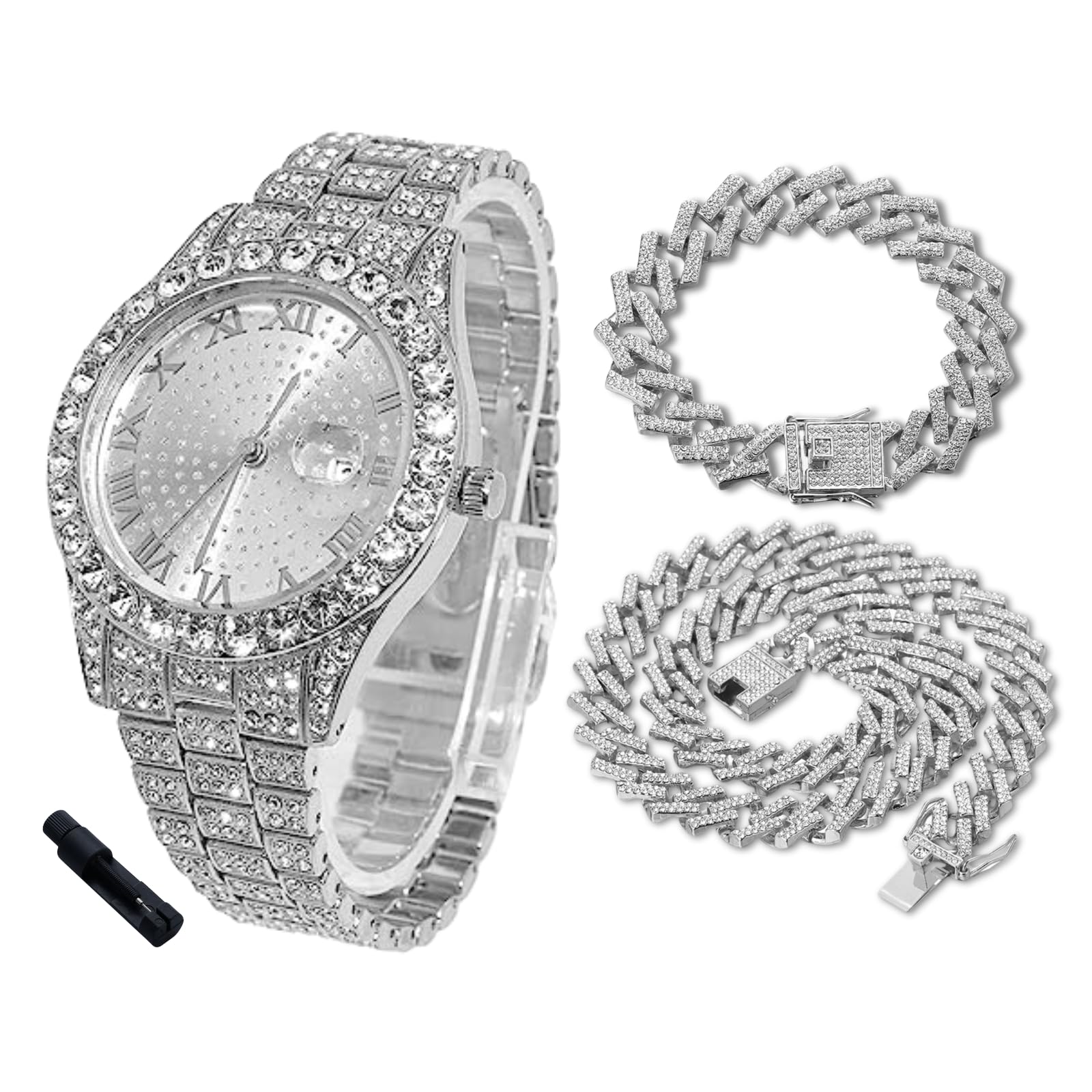 Halukakah Diamonds Watch Iced Out para niños y adolescentes, chapado en oro real de 18 quilates, esfera redonda de 42 mm de longitud, opcional con cadena de eslabones cubanos, con herramienta de
