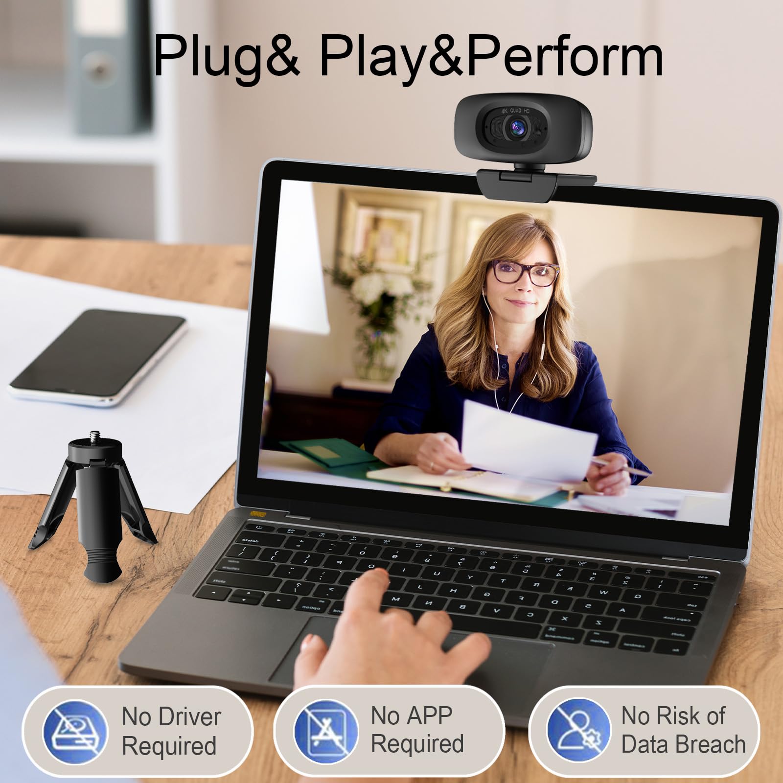Webcam 4K per Streaming Webcam per PC, sensore 1/2.5", autofocus, 2 microfoni con riduzione del rumore, copertura privacy integrata, webcam per computer per
