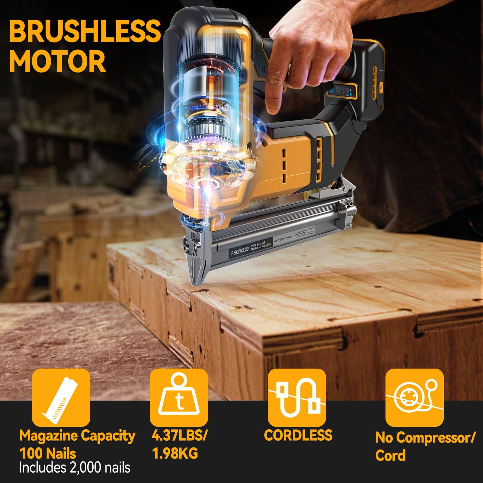 Clavadora de brads inalámbrica de 18GA compatible con batería Dewalt 20V MAX, clavadora de corona estrecha sin escobillas con 1000 clavos y 1000 grapas para bricolaje, DIY y carpintería