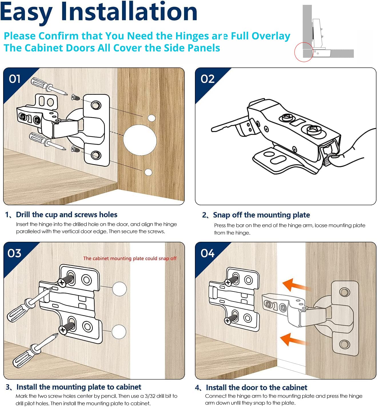 Kitchen Cupboard Hinges 18 PCS 110 Degree Soft Close Hinges Full Overlay Kitchen Door Hinge Stainless Steel Kitchen Cupboard Hinges Soft Close Hinges for Kitchen Cupboards with Screws Screwdriver - Image 4