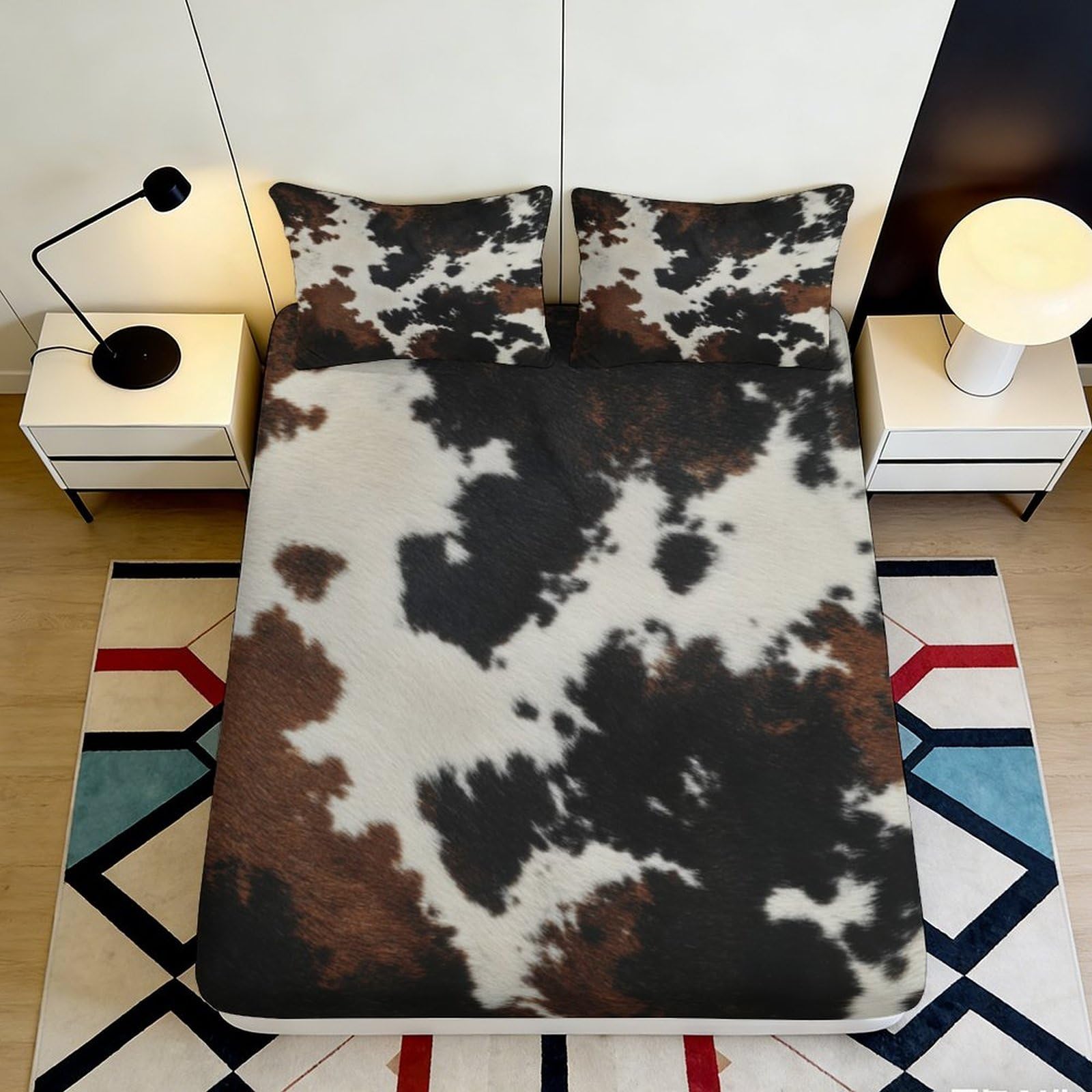 3D Printed Cow Pattern Fitted Sheet Microfiber Deep Pocket Non-Slip Bedding Set Cowhide Mattress Fitted Cover Elastic Hem for Adults Teens 200x200x25cm 90x200x25cm