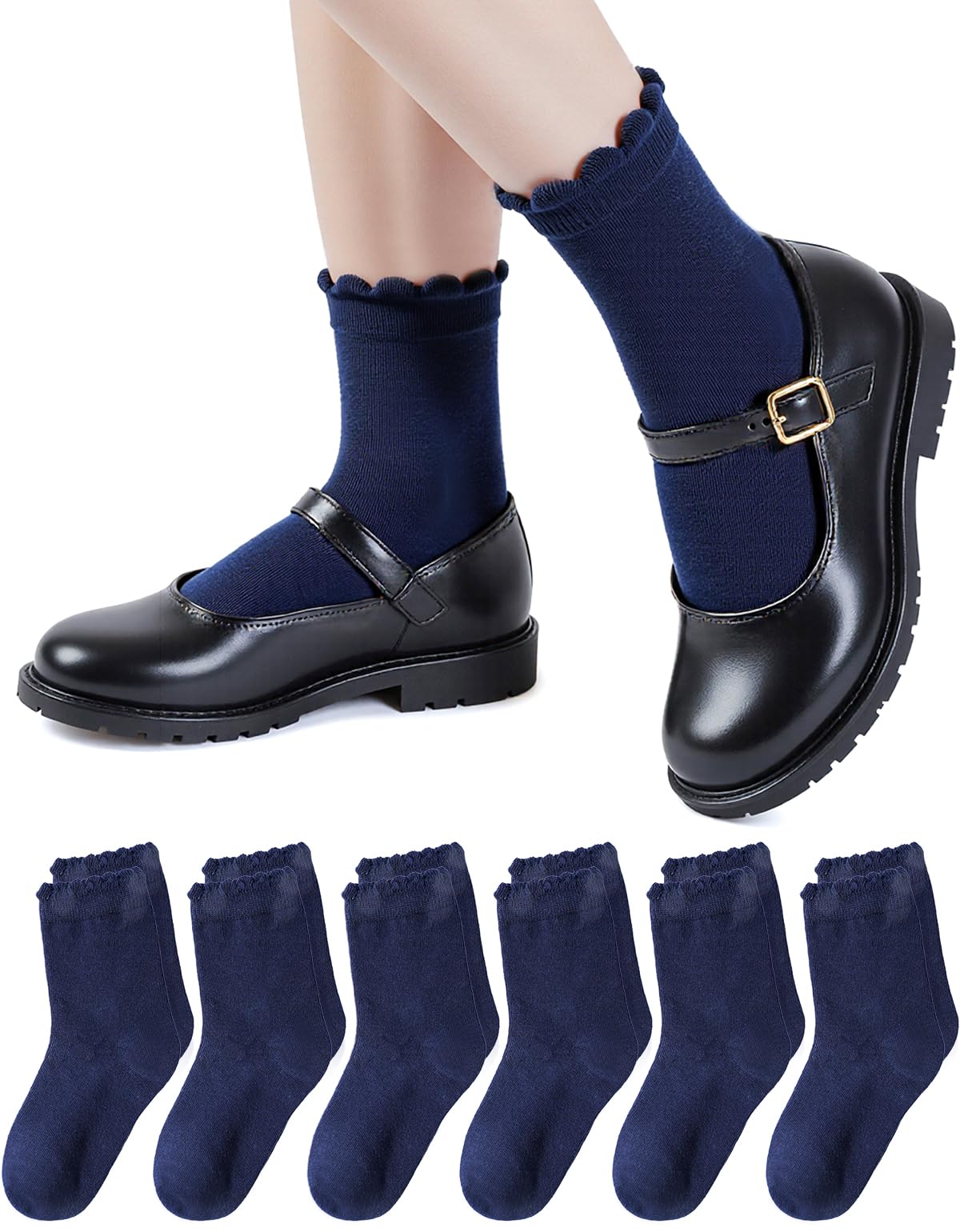 HONGTEYA 6 Pairs Girls White Ruffle Socks School Uniform Dress Socks for Kids Seamless Crew Ankle Cotton Size 4-14 Years