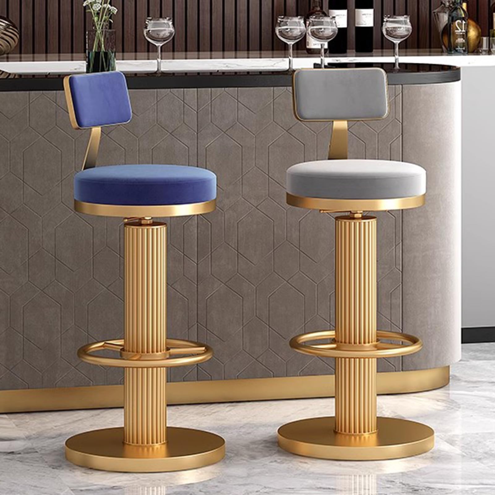 Lot de 2 tabourets de bar pivotants en velours réglables avec pieds épais, base ronde, capacité de 250 kg, sièges élégants pour cuisine ou bar à la maison