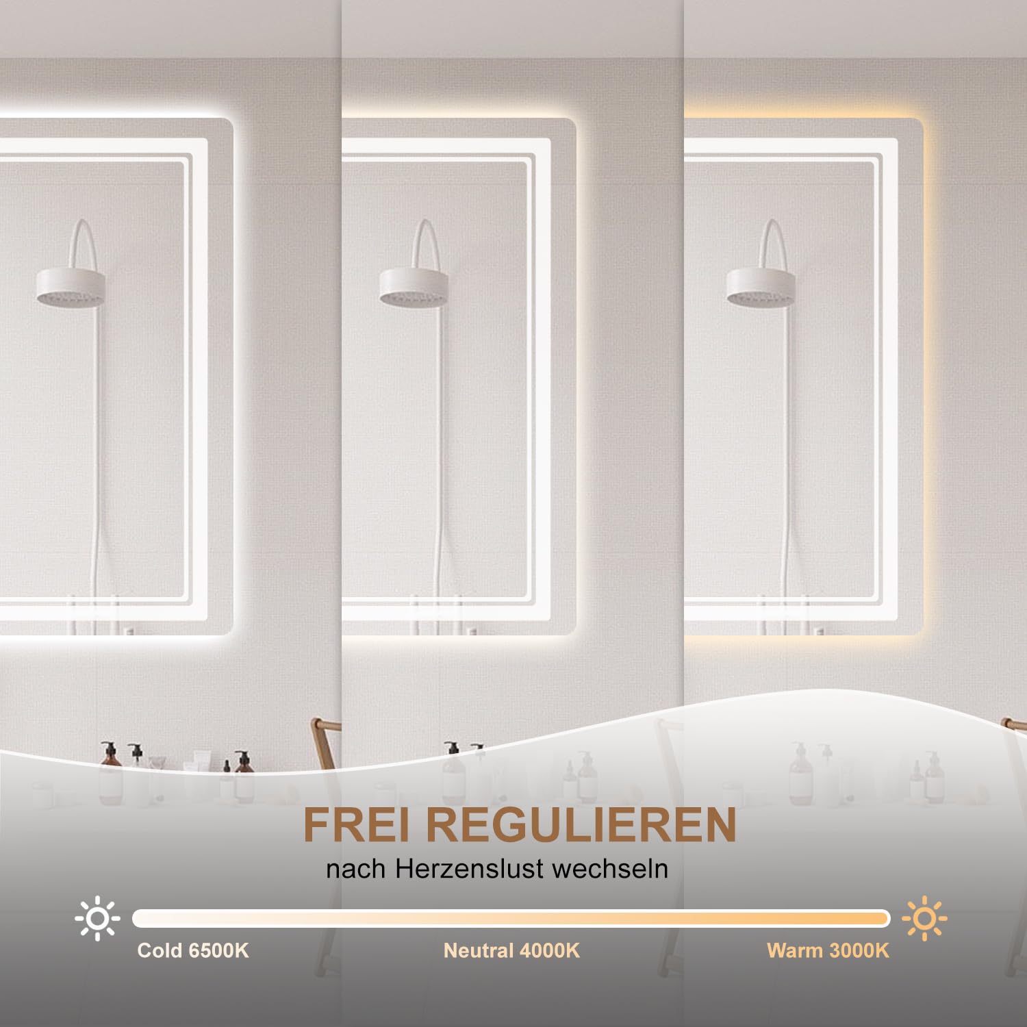 Badspiegel mit Beleuchtung 70 × 50cm, Badezimmerspiegel Beleuchtet Beschlagfrei LED Bad Spiegel mit Touch Schalter, 3 Lichtfarben Dimmbar Speicherfunktion, Badezimmer Wandspiegel IP44