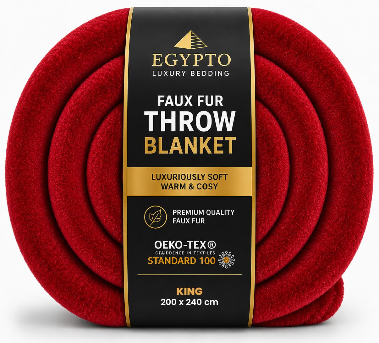 EGYPTO Fleece Blanket Faux Fur Throw for Bed & Sofa – Luxury Extra Soft Fur Brush Fabric – Warm & Cosy Red Throw Blanket – Versatile Outdoor Blanket Faux Fur Bed Throw King Size (200cm x 240cm, Red)