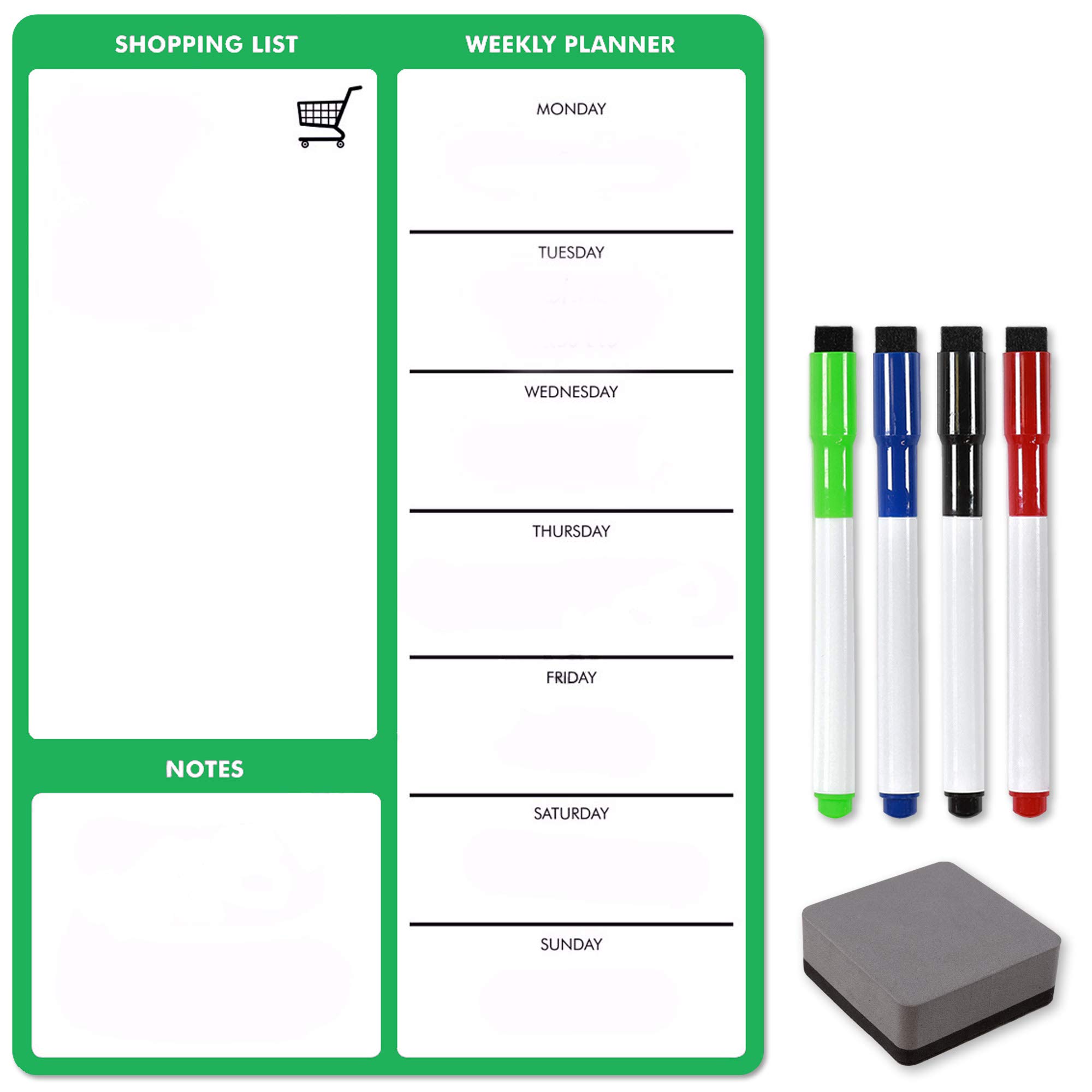 TMS A4 Magnetic Weekly Planner for Fridge, Memo Board, Whiteboard | Dry Wipe Meal Planner, Calendar and Shopping List for Kitchen or Office | Dry Erase Board for Notes and Daily Reminders (Green, A4) — image 1