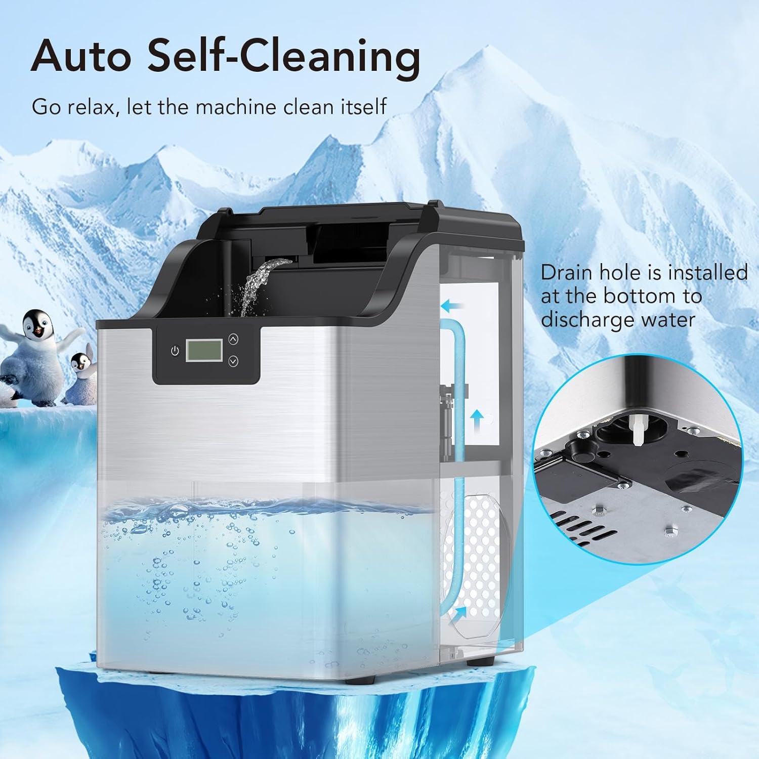 Ice maker undergoing self-cleaning, showing water circulation and drain hole