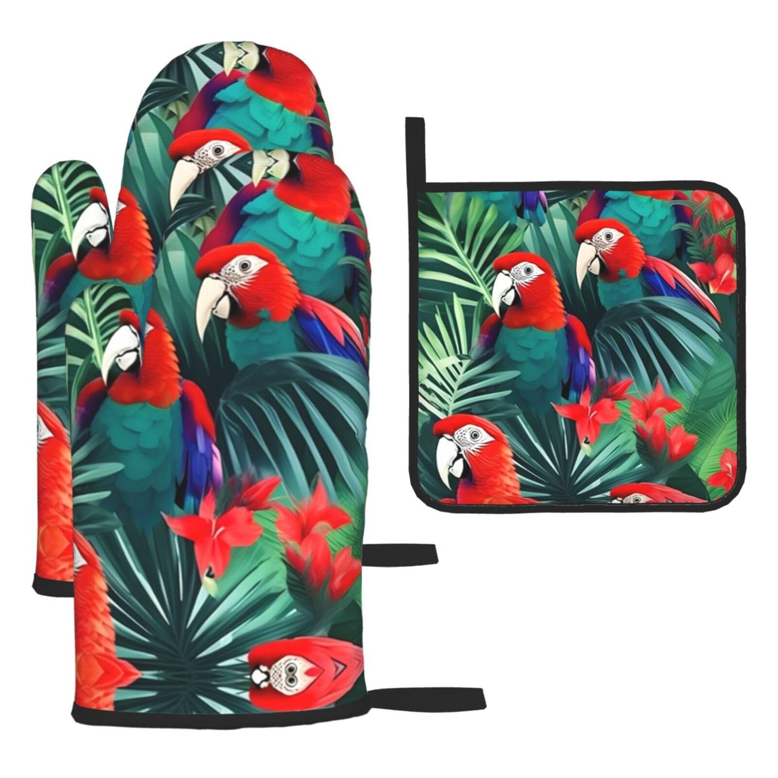 Tropical Flower Parrot Christmas Oven Mitts,Cute Cooking Glove,Heat Resistant,Oven Mitts Gift for Mom,Housewarming