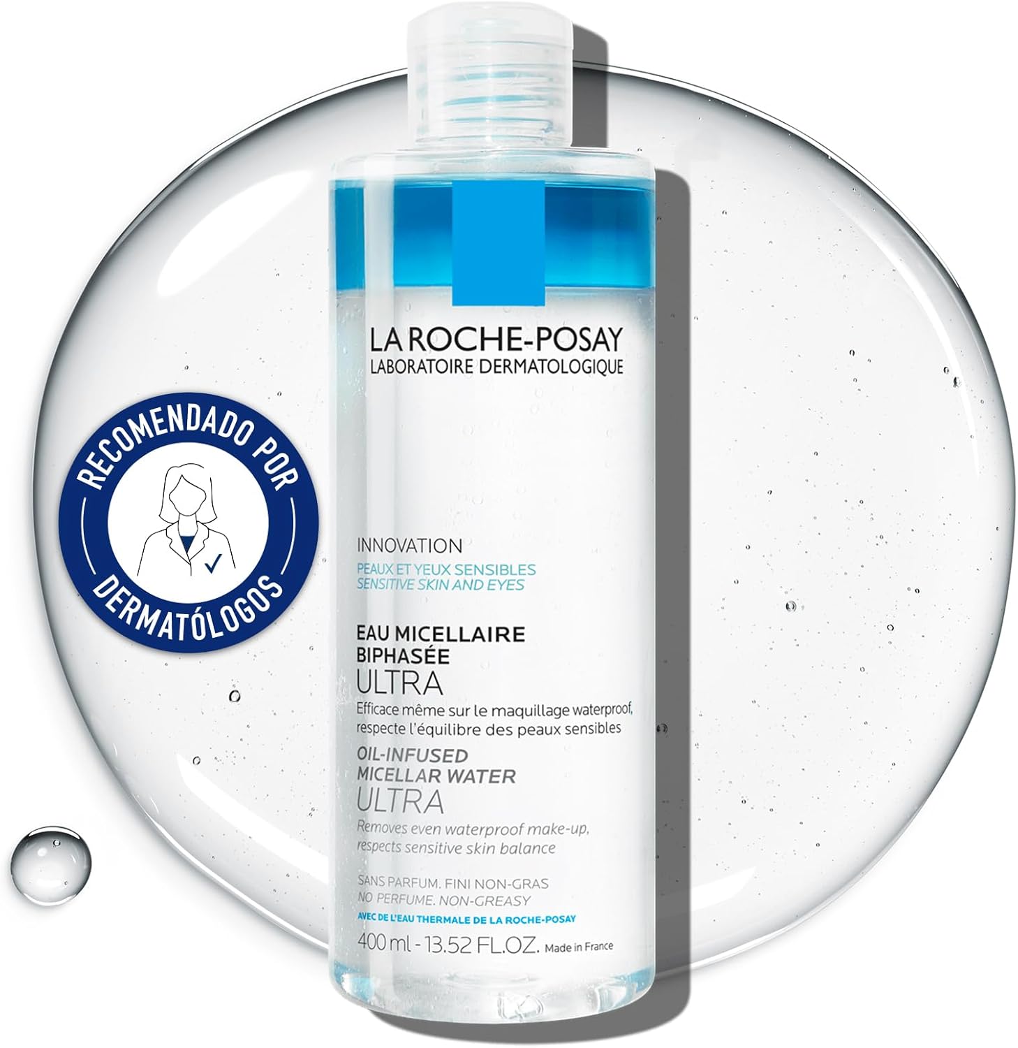 La Roche-Posay, Toleriane, tweefasig micellair water, make-up remover en reiniger voor gezicht en ogen, geschikt voor de gevoelige huid, zonder parfum, hypoallergene en niet-comedogene samenstelling,