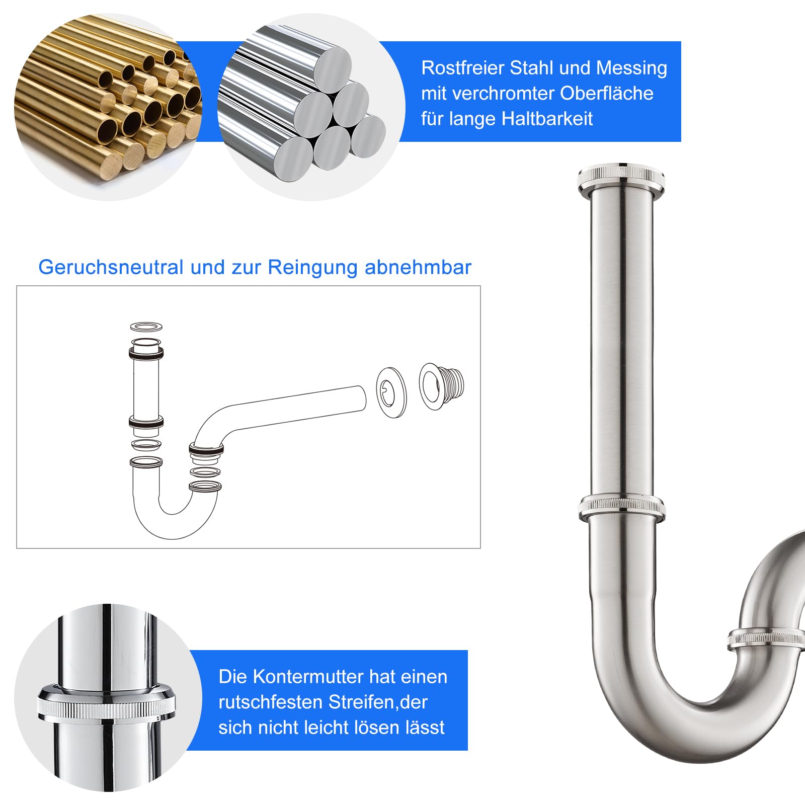 KEOKBON Bottle Trap Flat, G1 1/4 Brass Basin Waste Bottle Trap Set Height Adjustable P Trap Waste Odour Traps Plumbing Drain Pop-up Drain, Nickel Brushed - Image 4