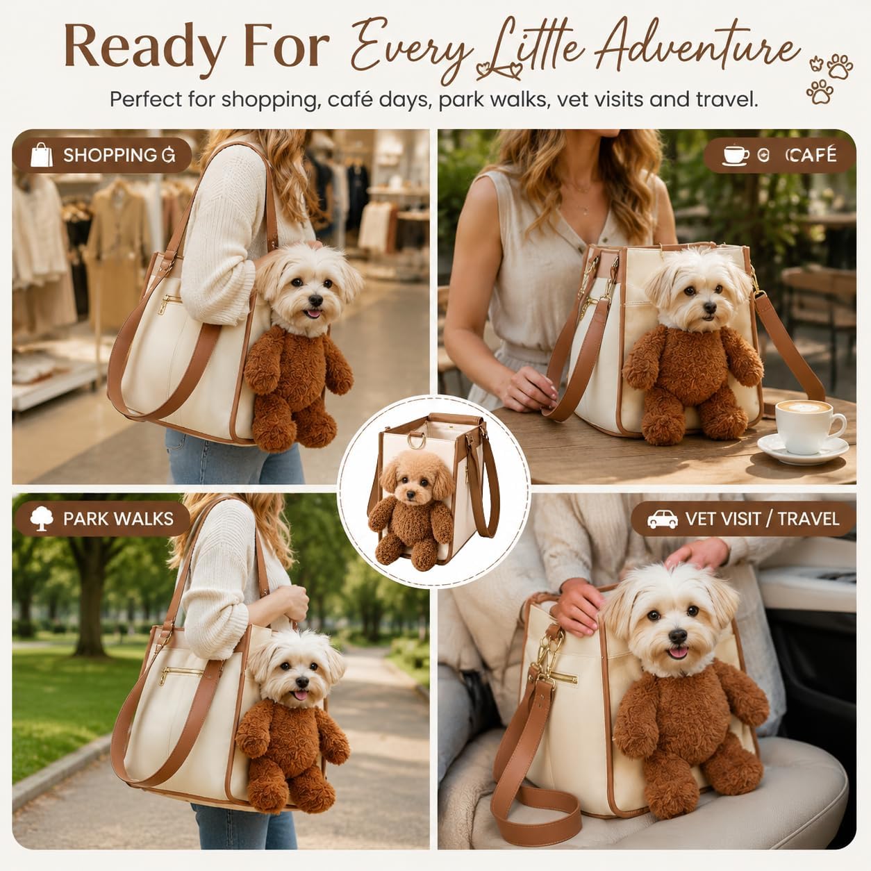 Bolso transportín para Perros Estilo Osito de Peluche, Bolso Multifuncional 2 en 1 con Orejas peludas y Ventana de visualización para Paseos y recados (M)