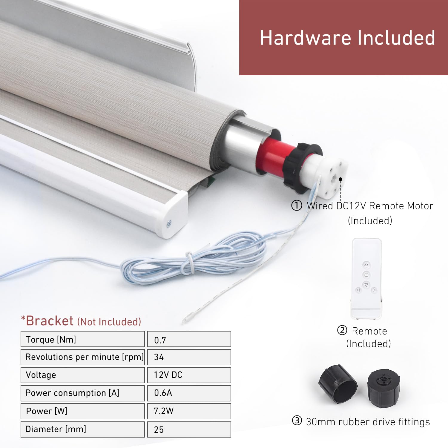 Motor de repuesto para persianas y persianas de autocaravana de 1-3/16 pulgadas (30 mm) - Motor de tubo de sombra de 12 V con control remoto, alimentación con fuente de alimentación CC 12 V 2 A